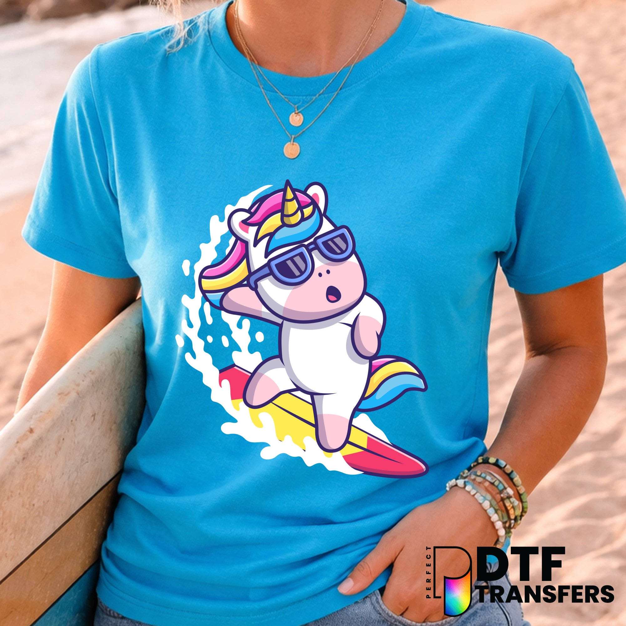 Rainbow Unicorn Surfing – Surfing DTF Transfer