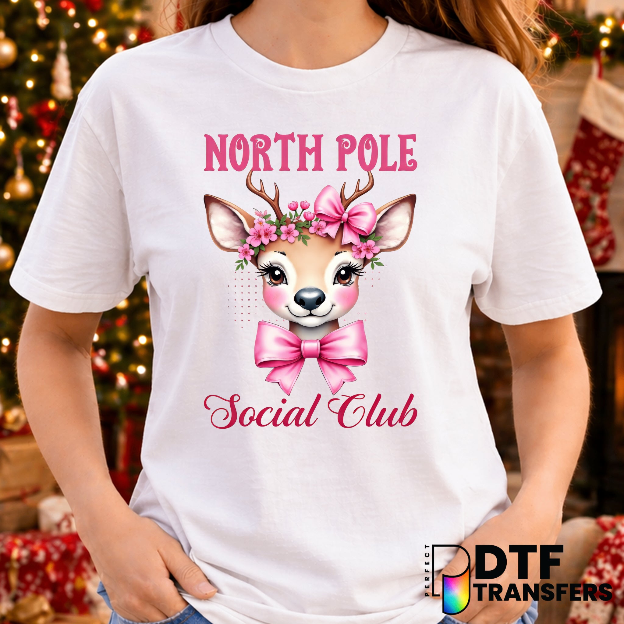 North Pole Social Club Pink Pastel Coquette Reindeer Bows – Christmas DTF Transfer