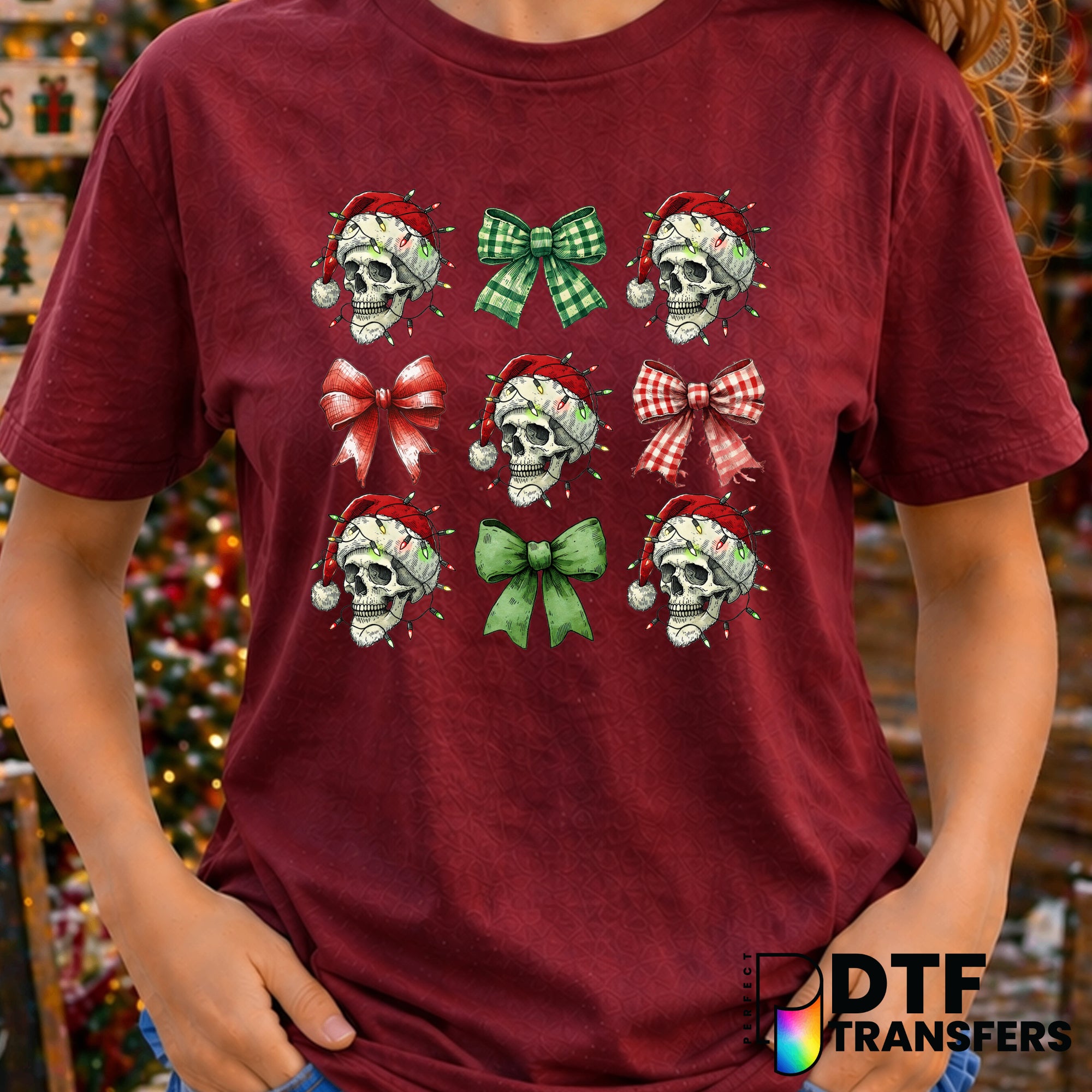 Christmas Skull Coquette Bows – Christmas DTF Transfer
