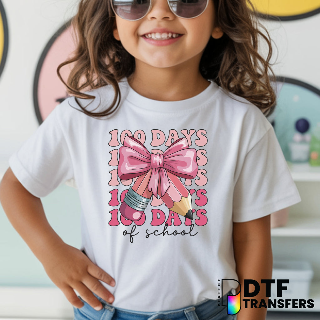 100 DAYS OF SCHOOL Pink Bow Pencil – Teacher DTF Transfer