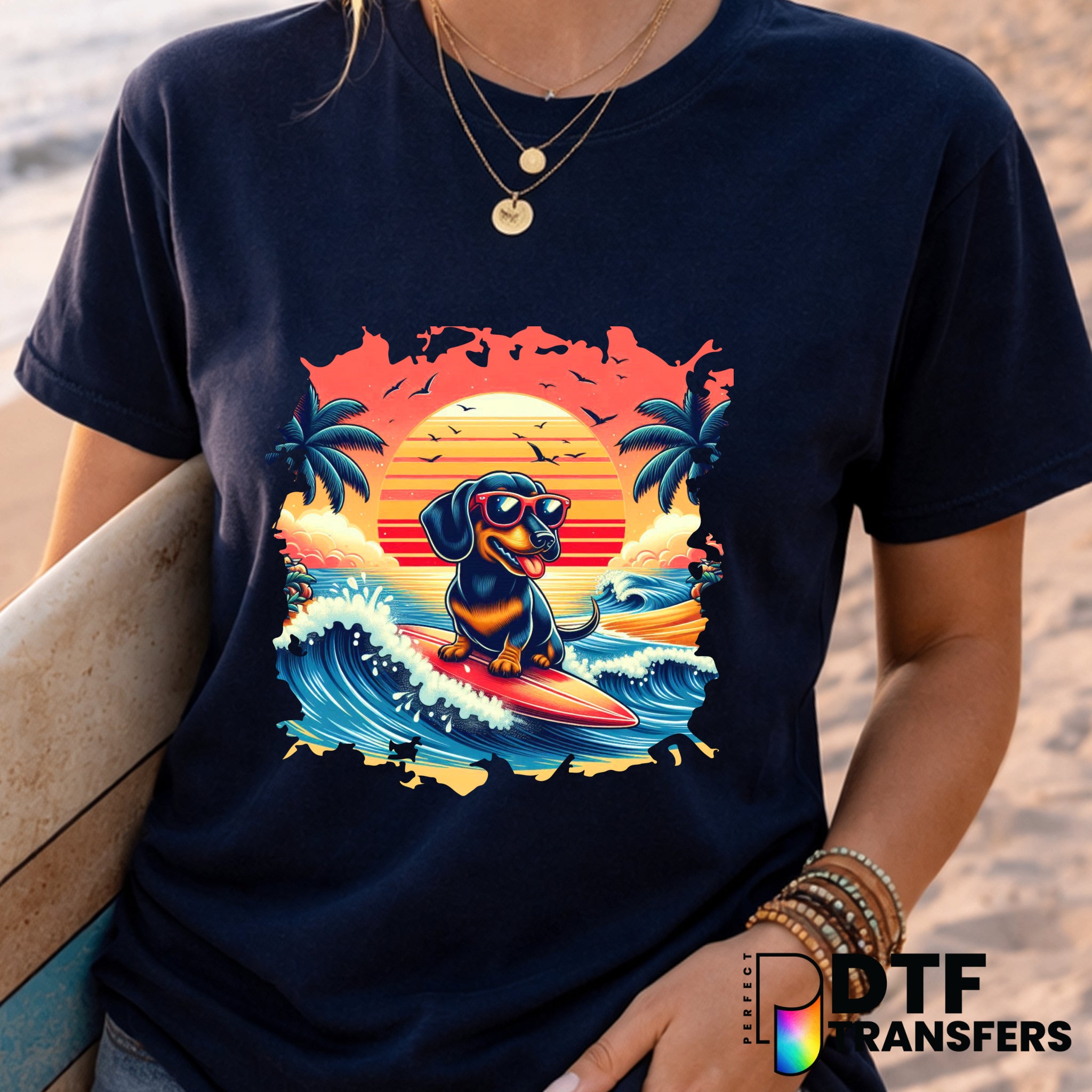Summer Surfing Dachshund Beach Vibes Dog – Surfing DTF Transfer