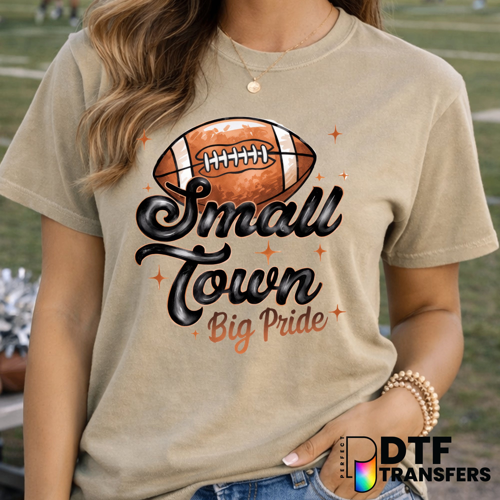 Small Town Big Pride Hand Drawn Script Football – Football DTF Transfer