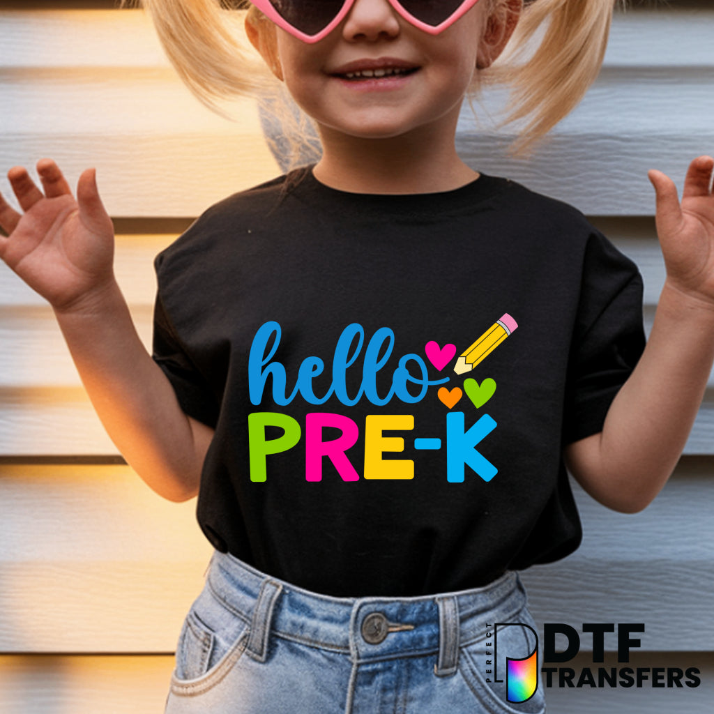 Hello Pre-K Colorful Hearts and Pencil – Pre-K Teacher DTF Transfer