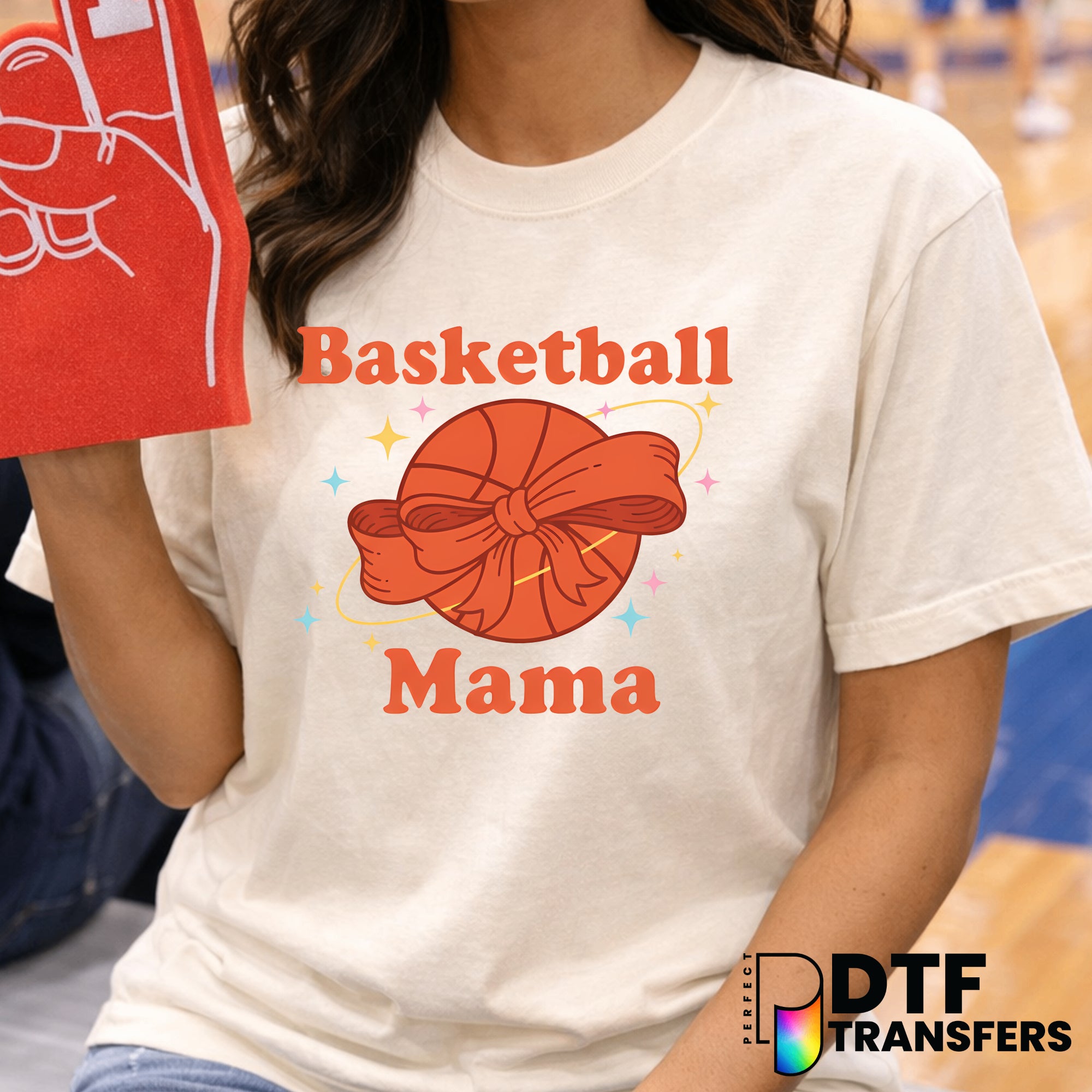 BASKETBALL MAMA with Coquette Bow and Sparkles – Basketball DTF Transfer