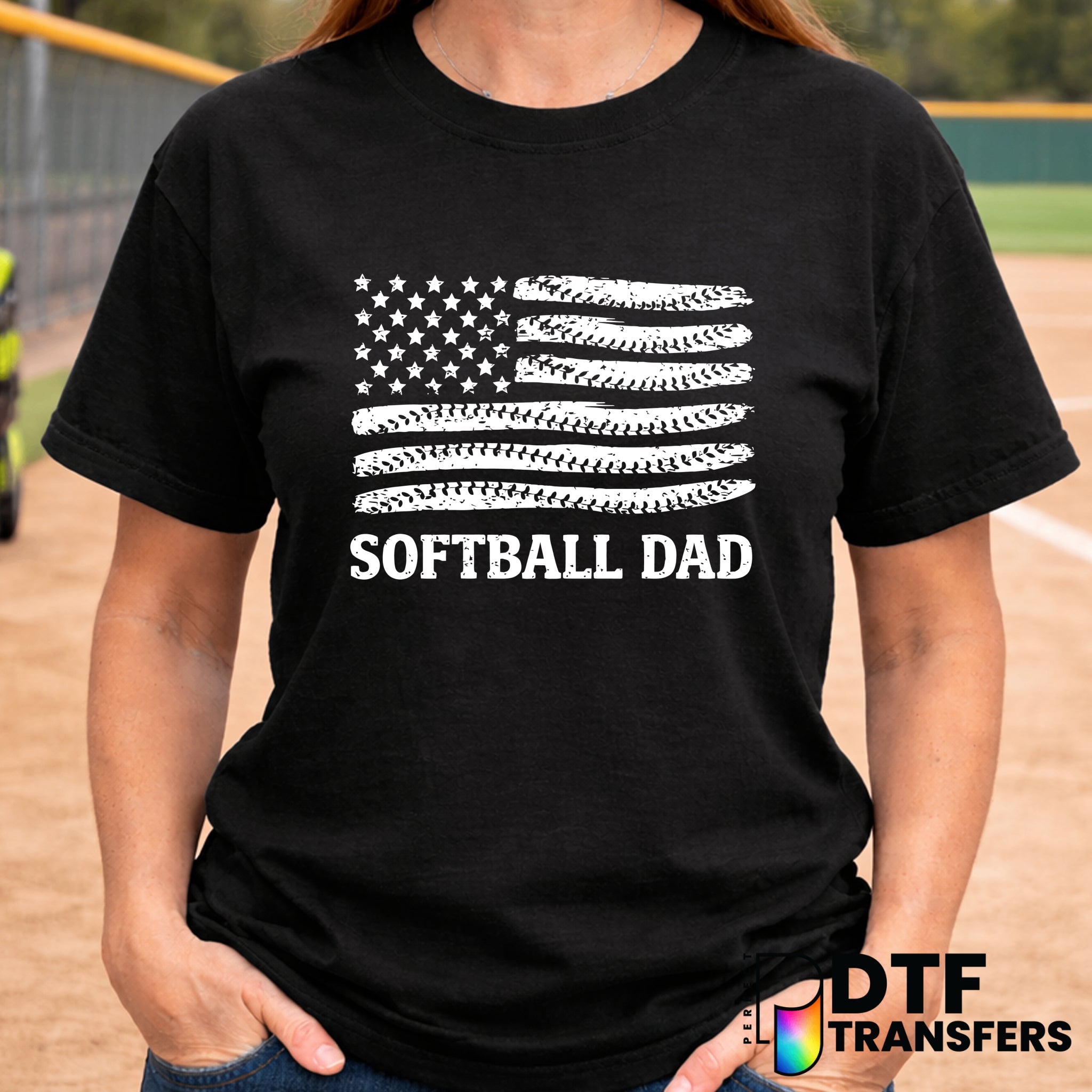 Softball Dad American Flag Stitch – Softball DTF Transfer