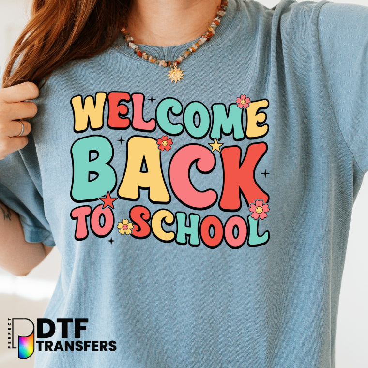 Welcome Back to School – Colorful Wavy Stars and Flowers Teacher DTF Transfer