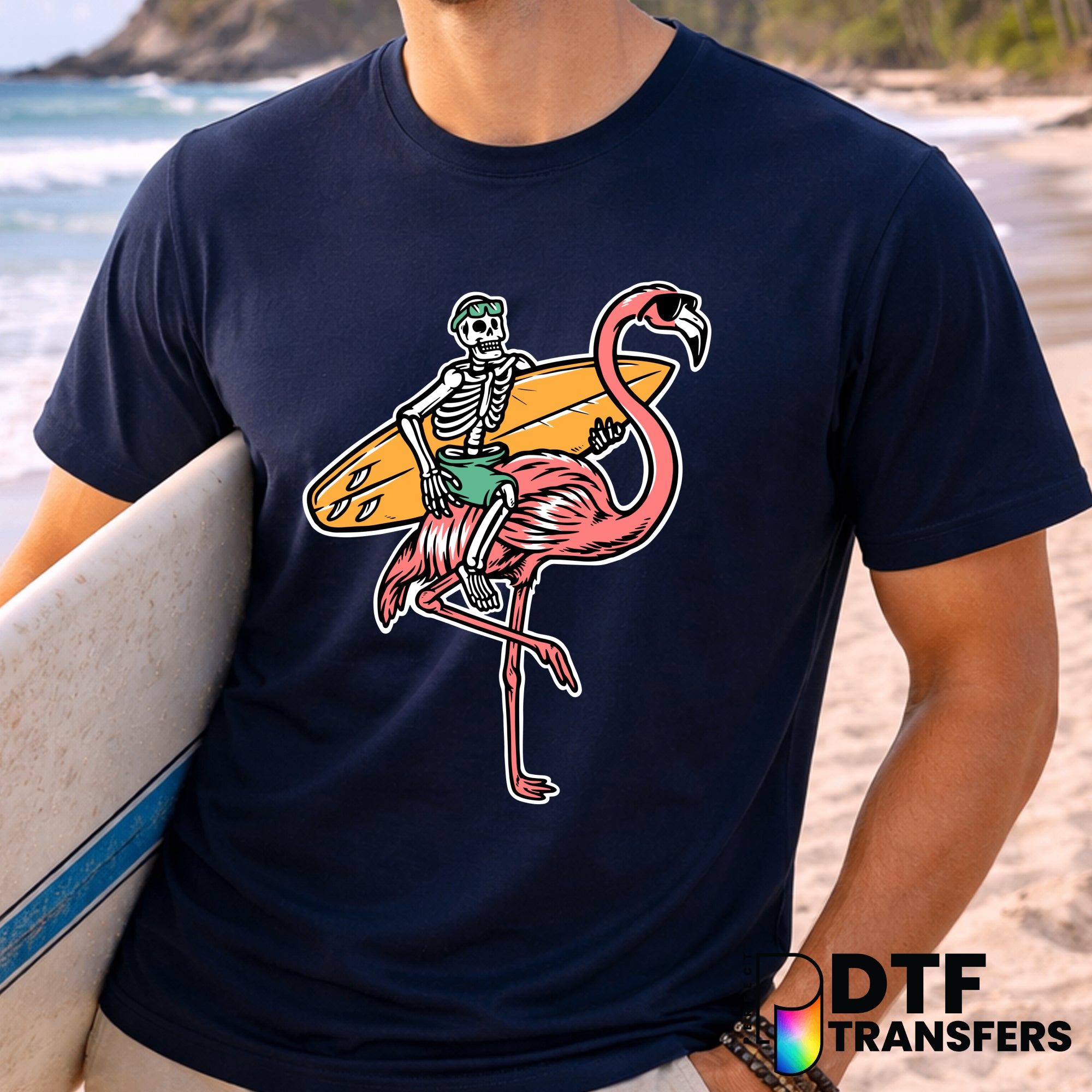 Skeleton Riding Flamingo Surfing – Surfing DTF Transfer