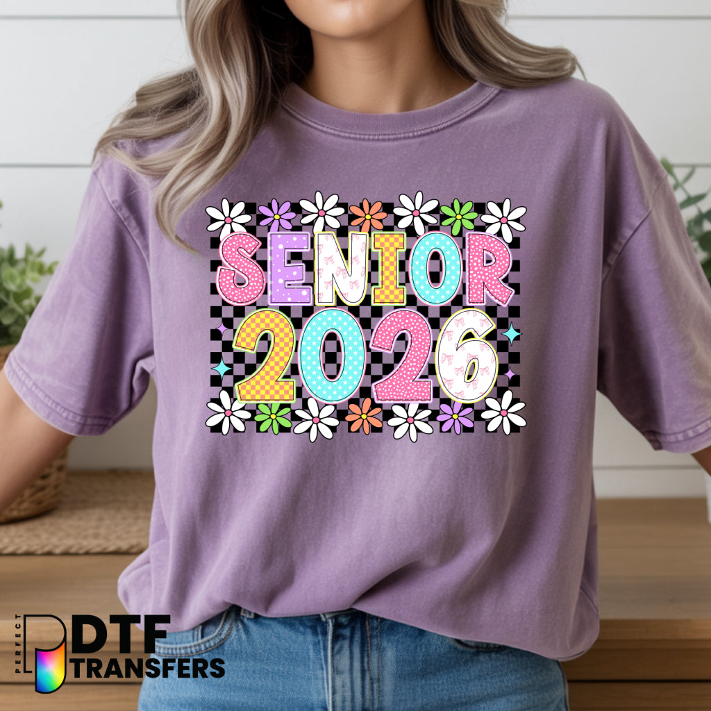 SENIOR 2026 Floral and Checkered Pattern – Teacher School Graduation DTF Transfer