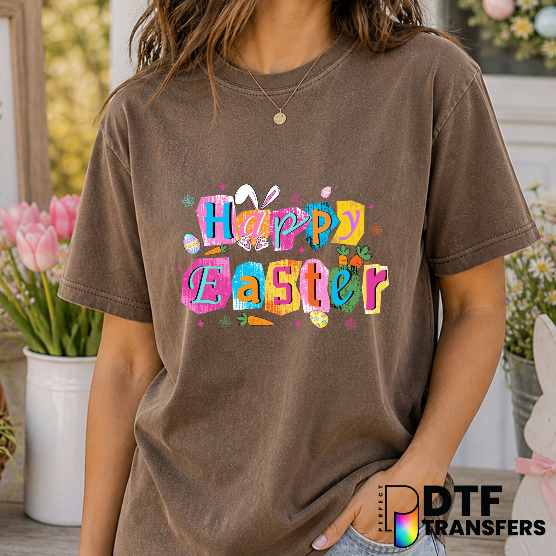 Colorful Happy Easter Grunge Bunny – Easter DTF Transfer