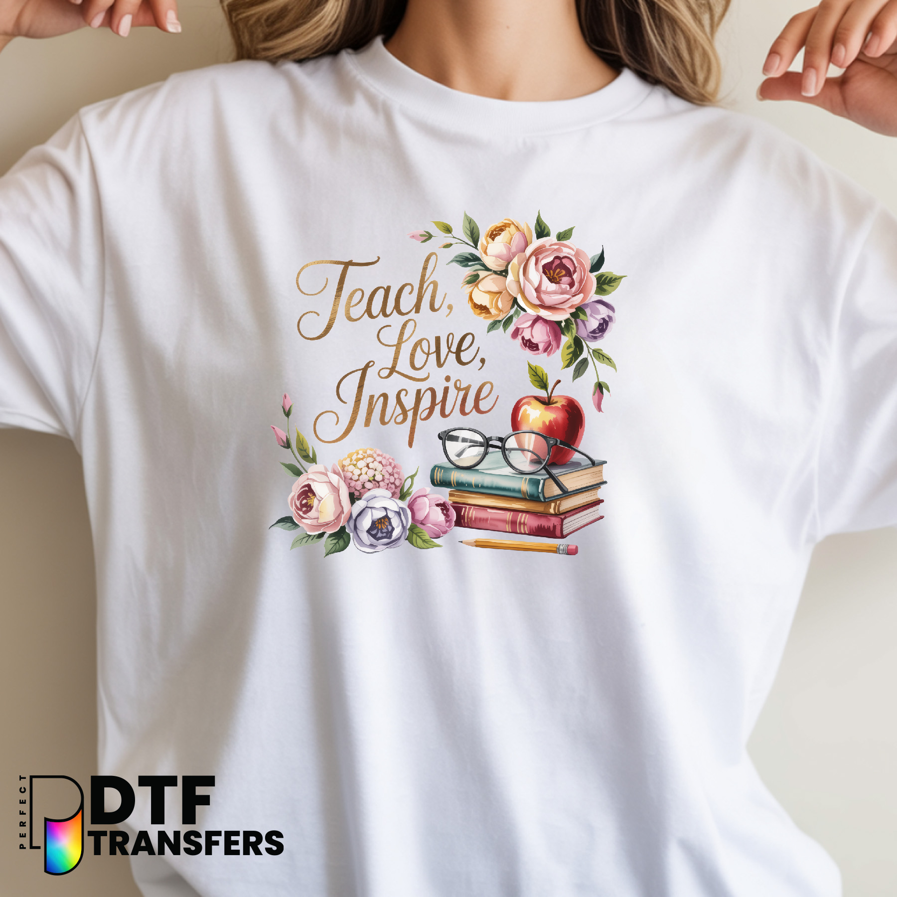 Teach Love Inspire Script with Apple – Teacher DTF Transfer