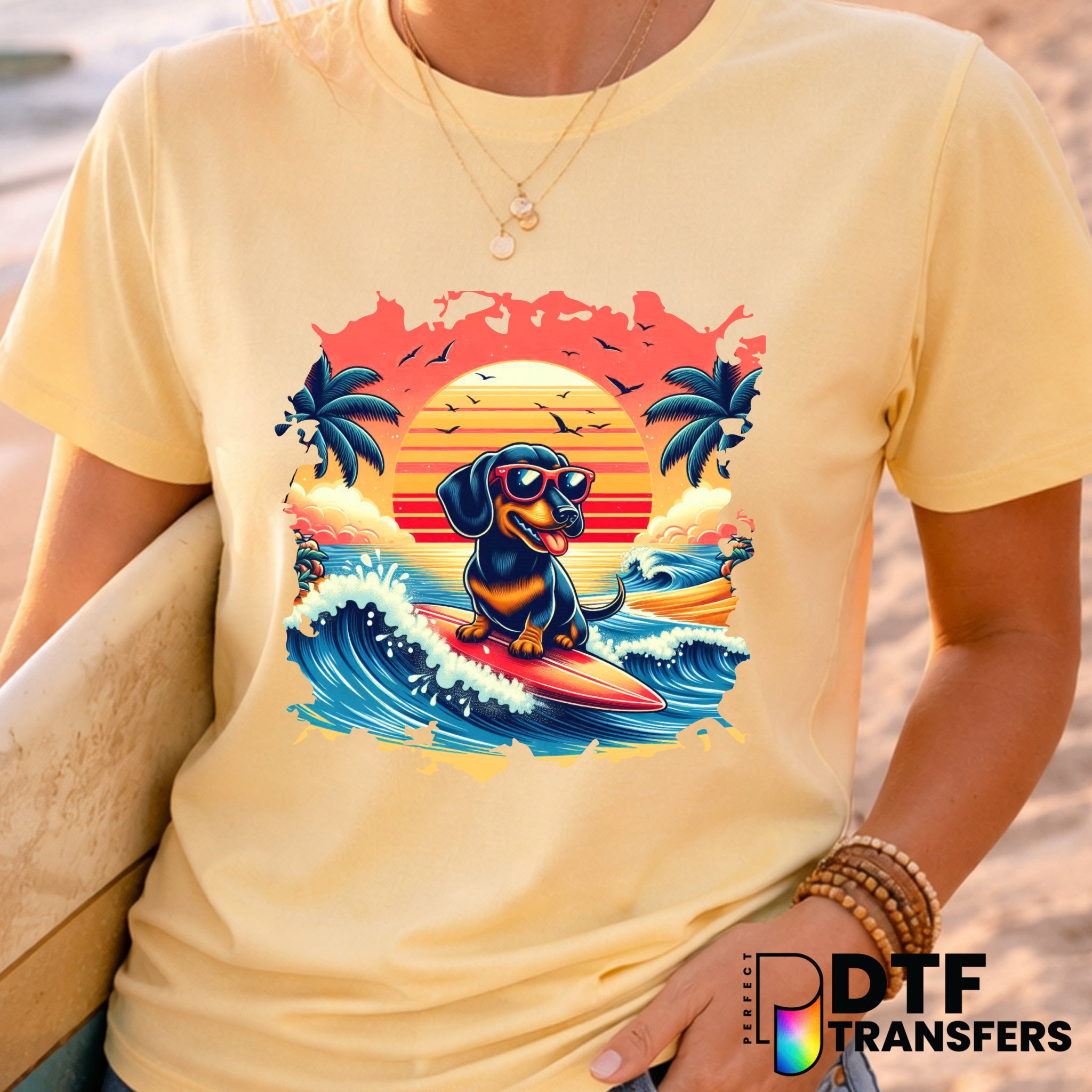 Summer Surfing Dachshund Beach Vibes Dog – Surfing DTF Transfer
