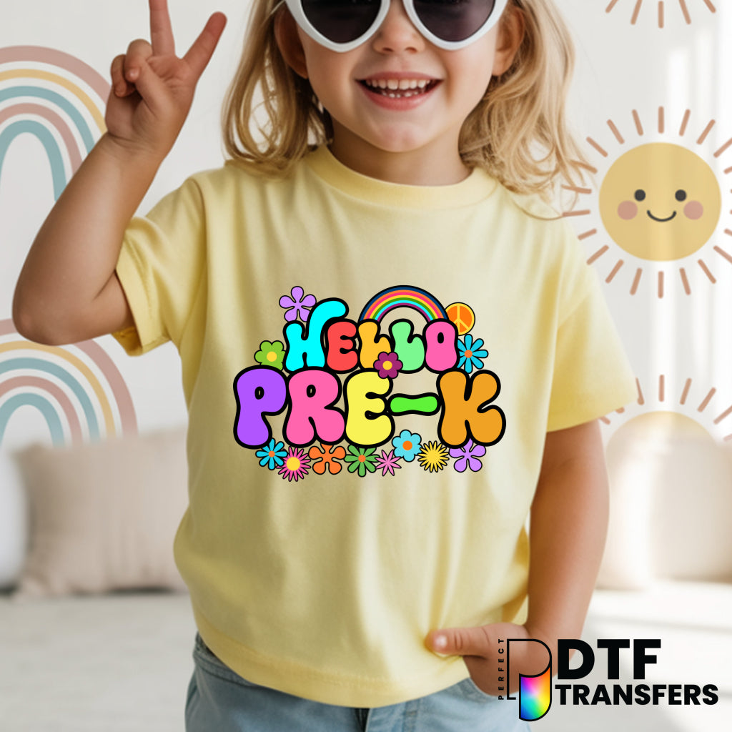 Hello Pre-K Rainbow Flowers Retro – Teacher DTF Transfer