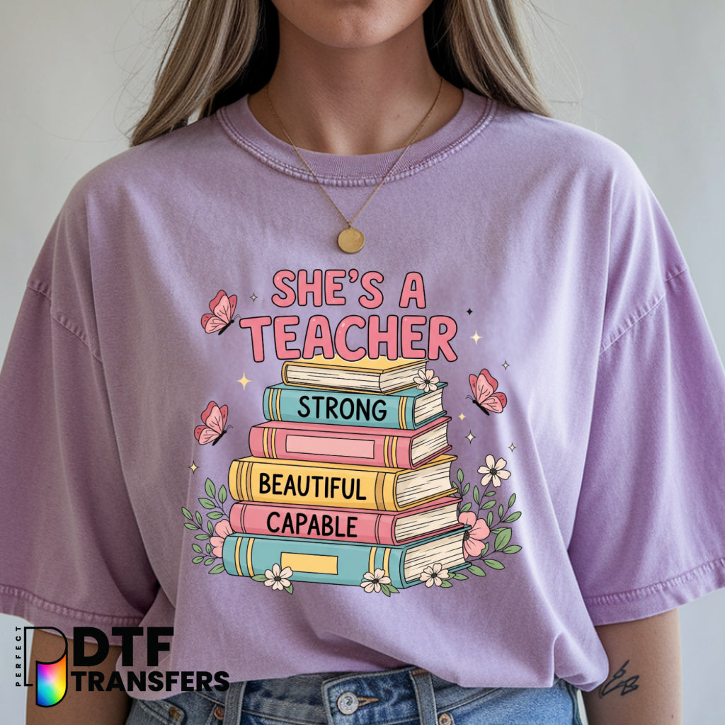 She's a teacher with a book stack, butterflies & a whole lot of Jesus – Religious Teacher DTF Transfer
