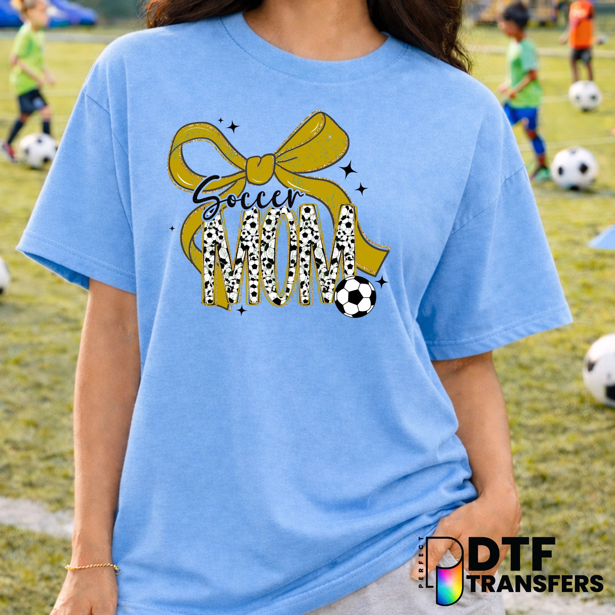 Soccer Mom Gold Glitter Yellow Coquette Bow – Soccer DTF Transfer