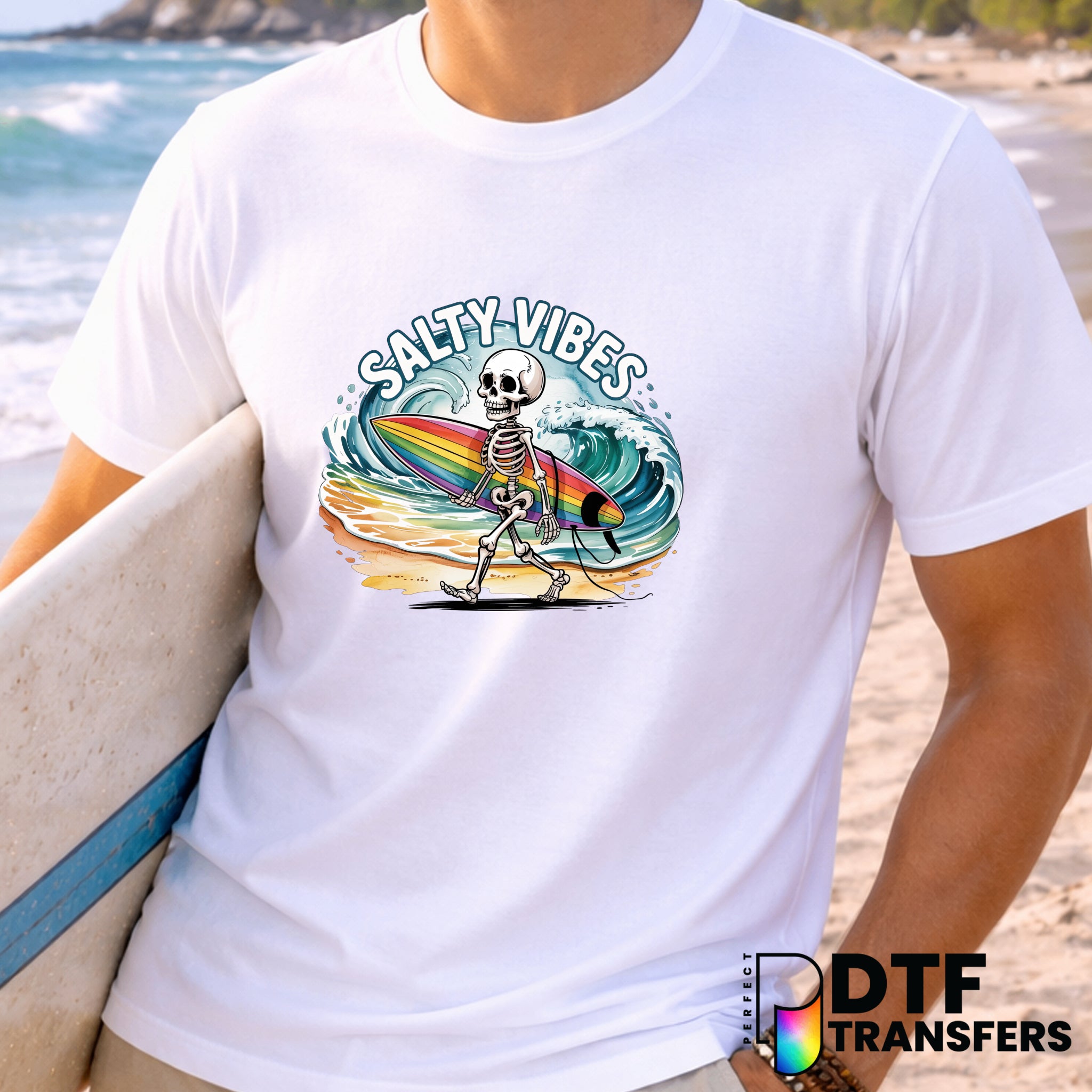 Salty Vibes Surfing Skeleton – Surfing DTF Transfer