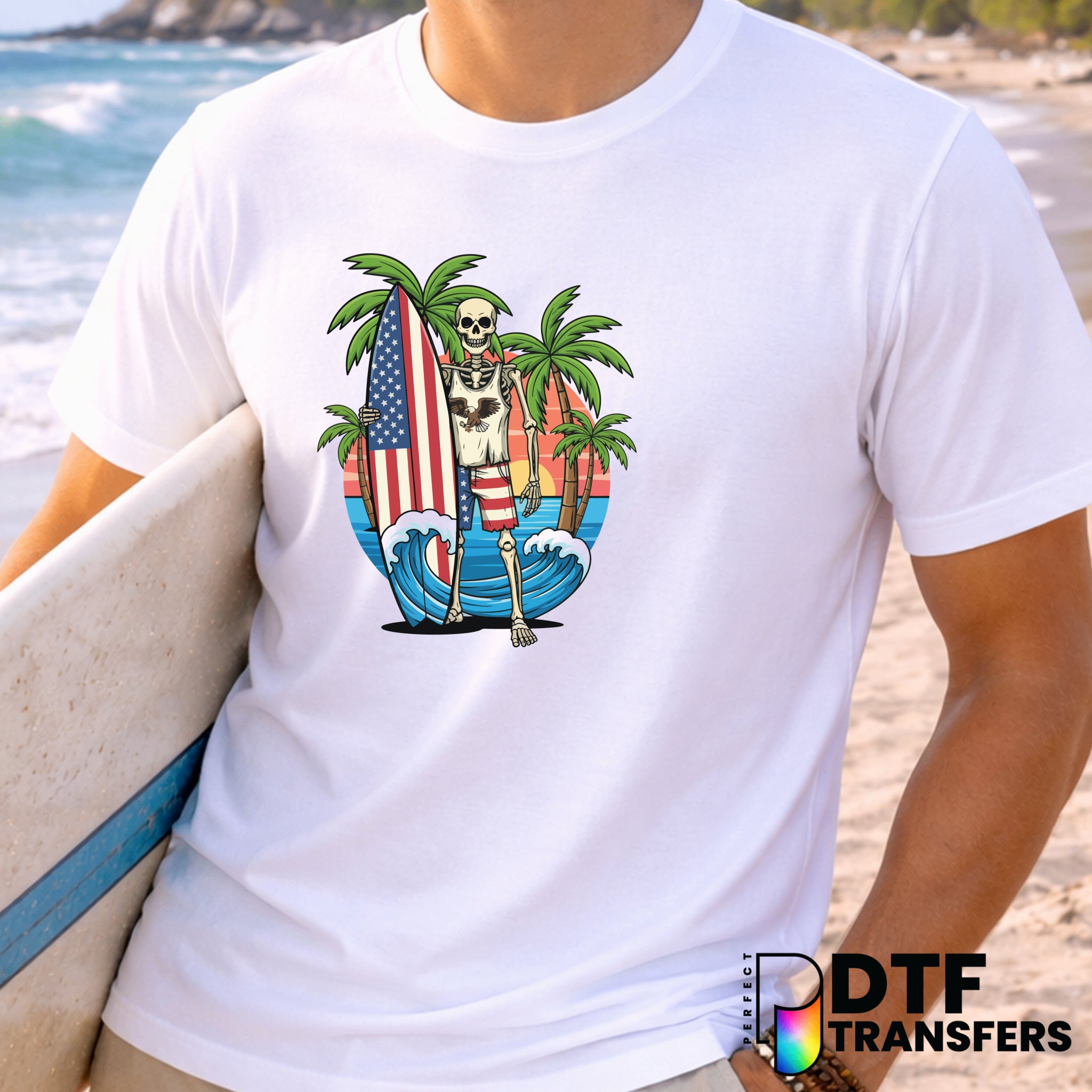 Patriotic Surfing Skeleton – Surfing DTF Transfer