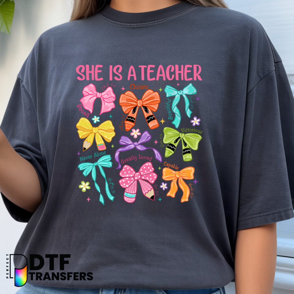 She is a Teacher with Bows Silhouette & PROVERBS 31:26 – Religious Teacher DTF Transfer