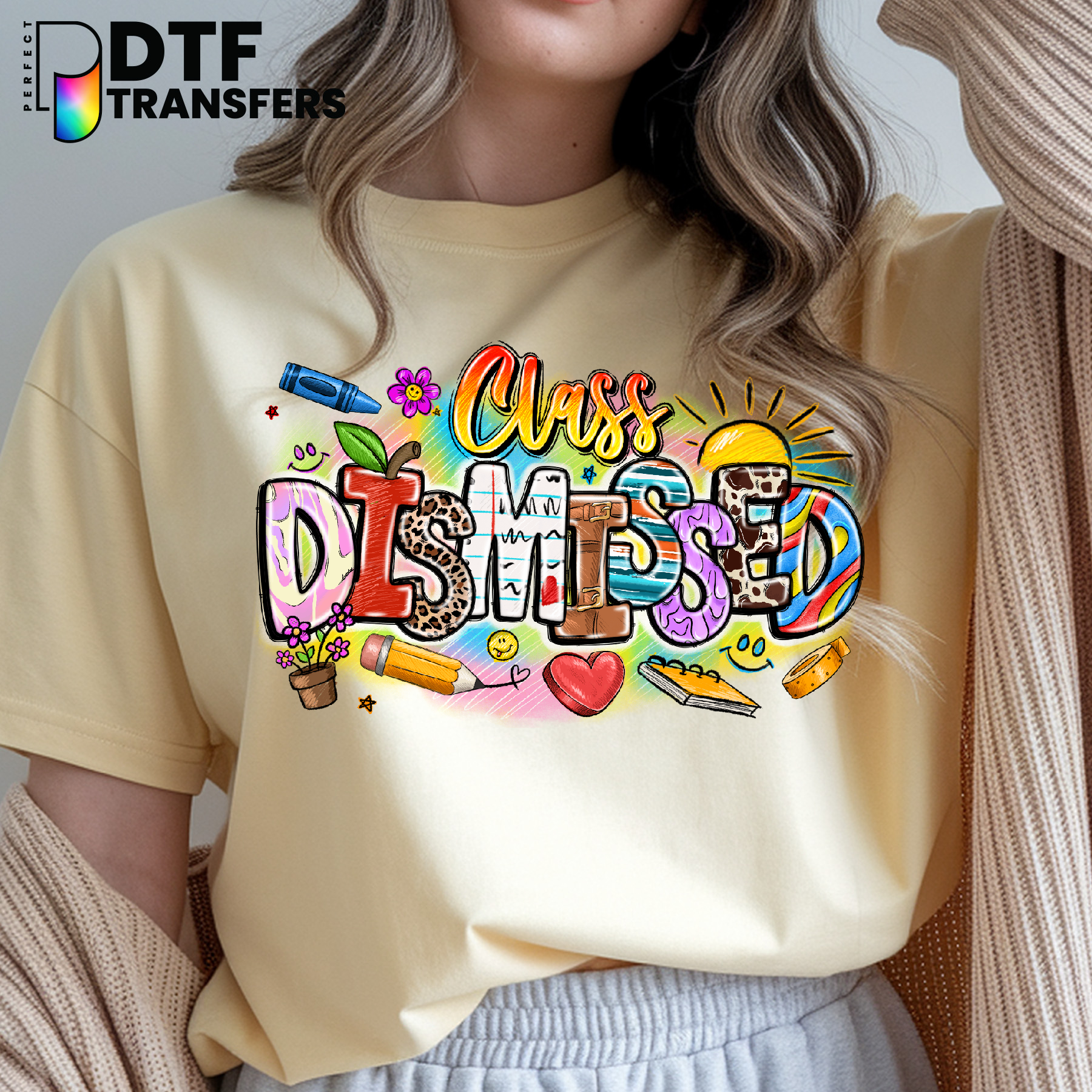 Books, Apple, Pencil & Crayon Stack – Teacher DTF Transfer