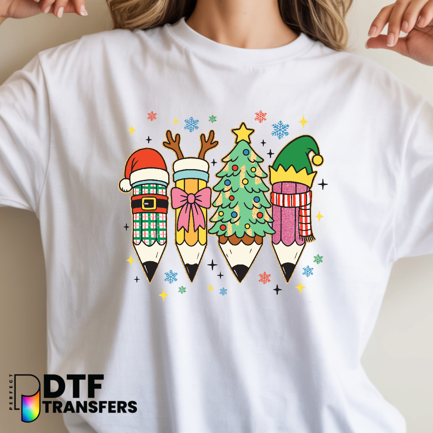 Teacher with Festive Christmas Pencils – Teacher DTF Transfer