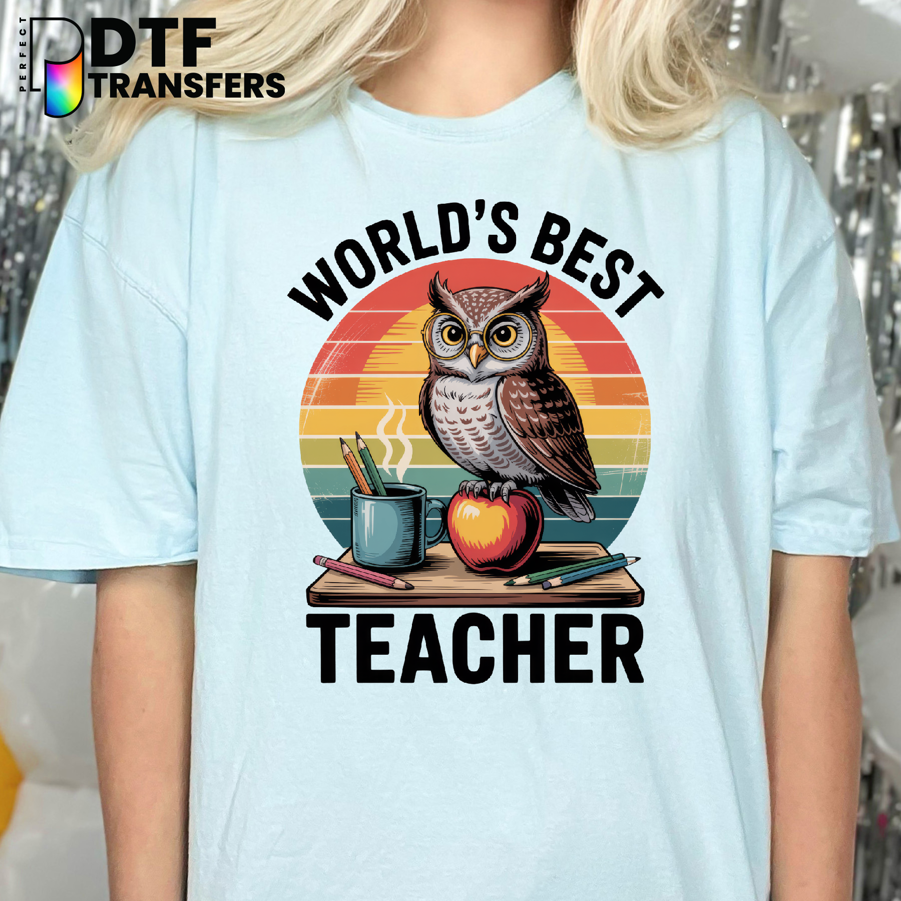 "World's Best Teacher" Owl & Books – Teacher DTF Transfer