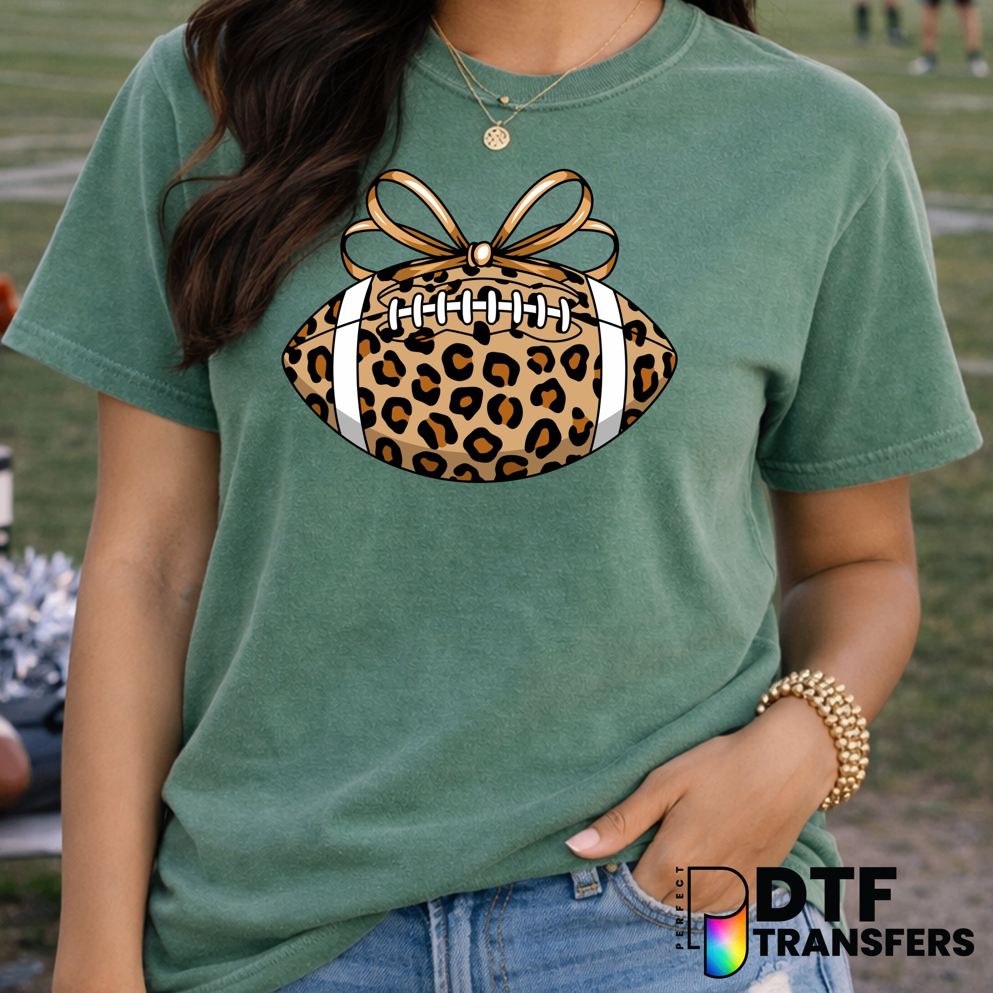 Leopard Print Football with Bow – Football DTF Transfer