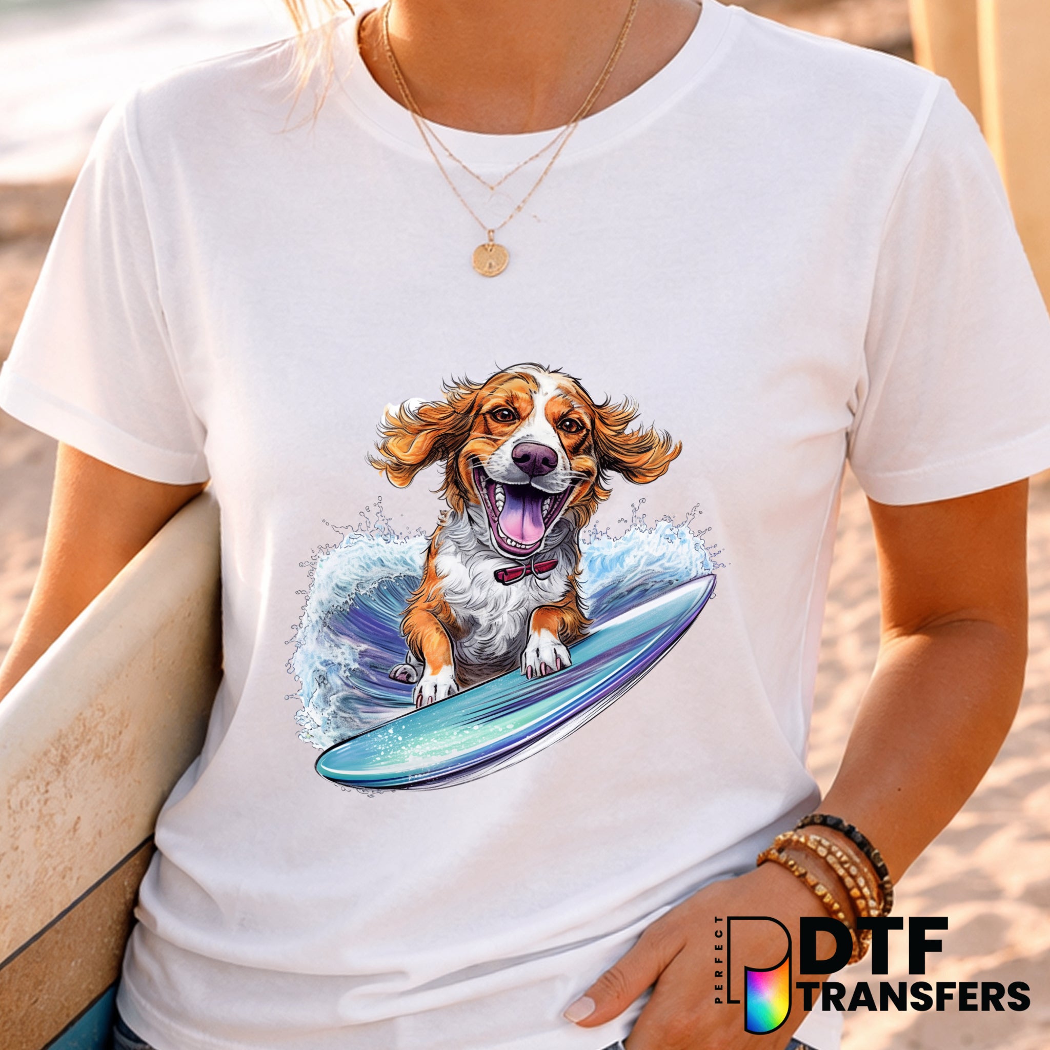 Cute Watercolor Surfing Dog with Surfboard – Surfing DTF Transfer