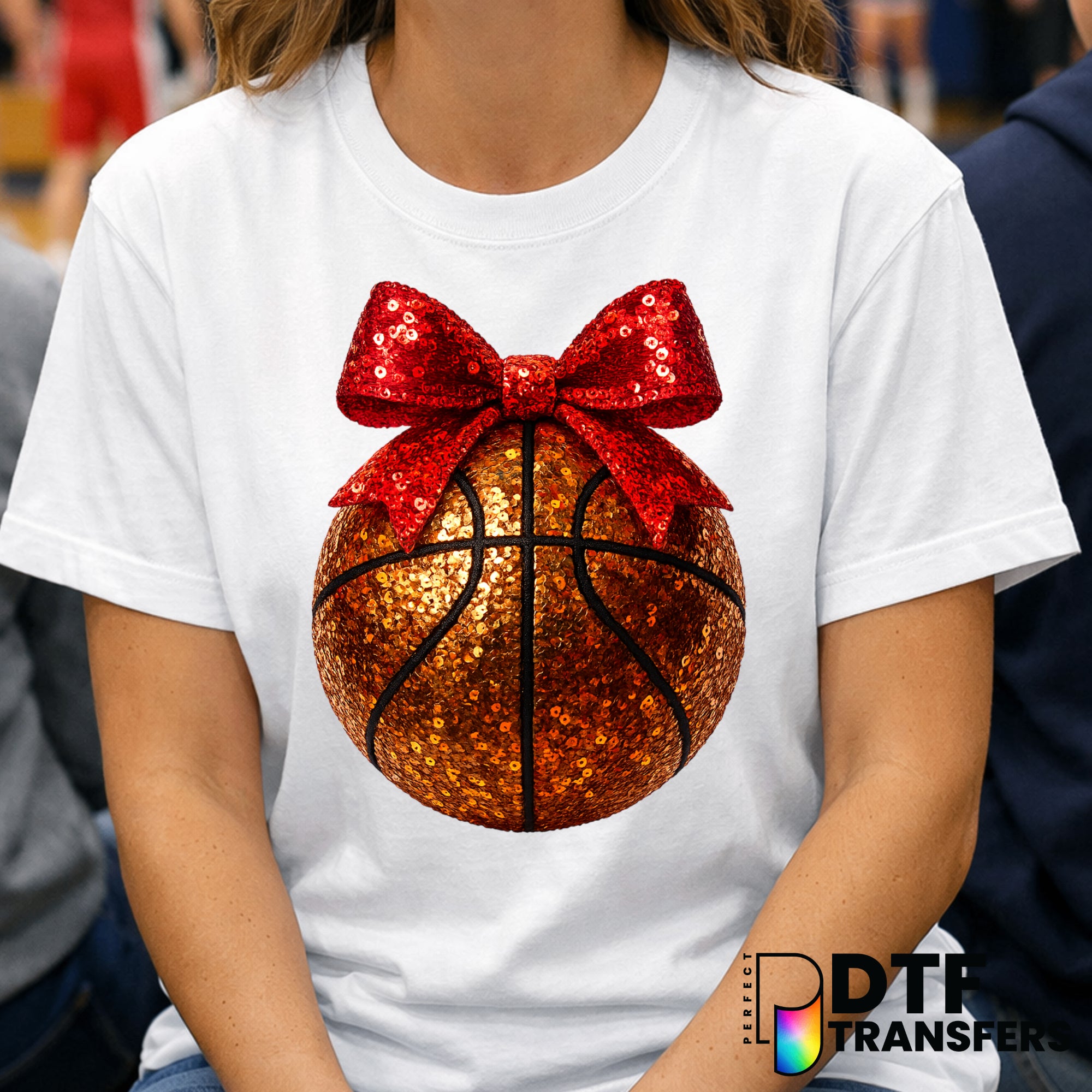 Red Faux Sequin Bow Basketball – Basketball DTF Transfer