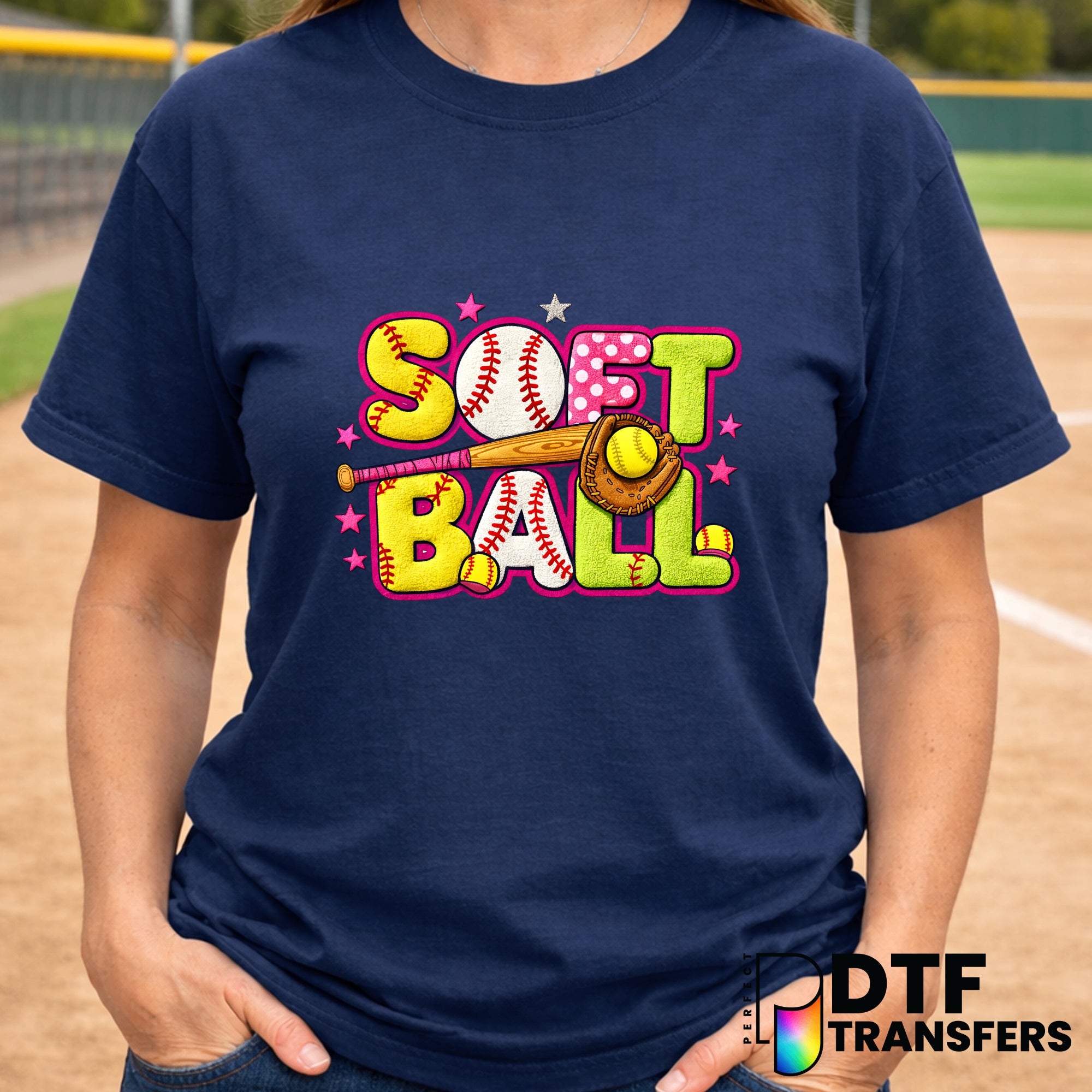 SOFTBALL Stacked Text with Distressed Ball and Pink Stars – Softball DTF Transfer