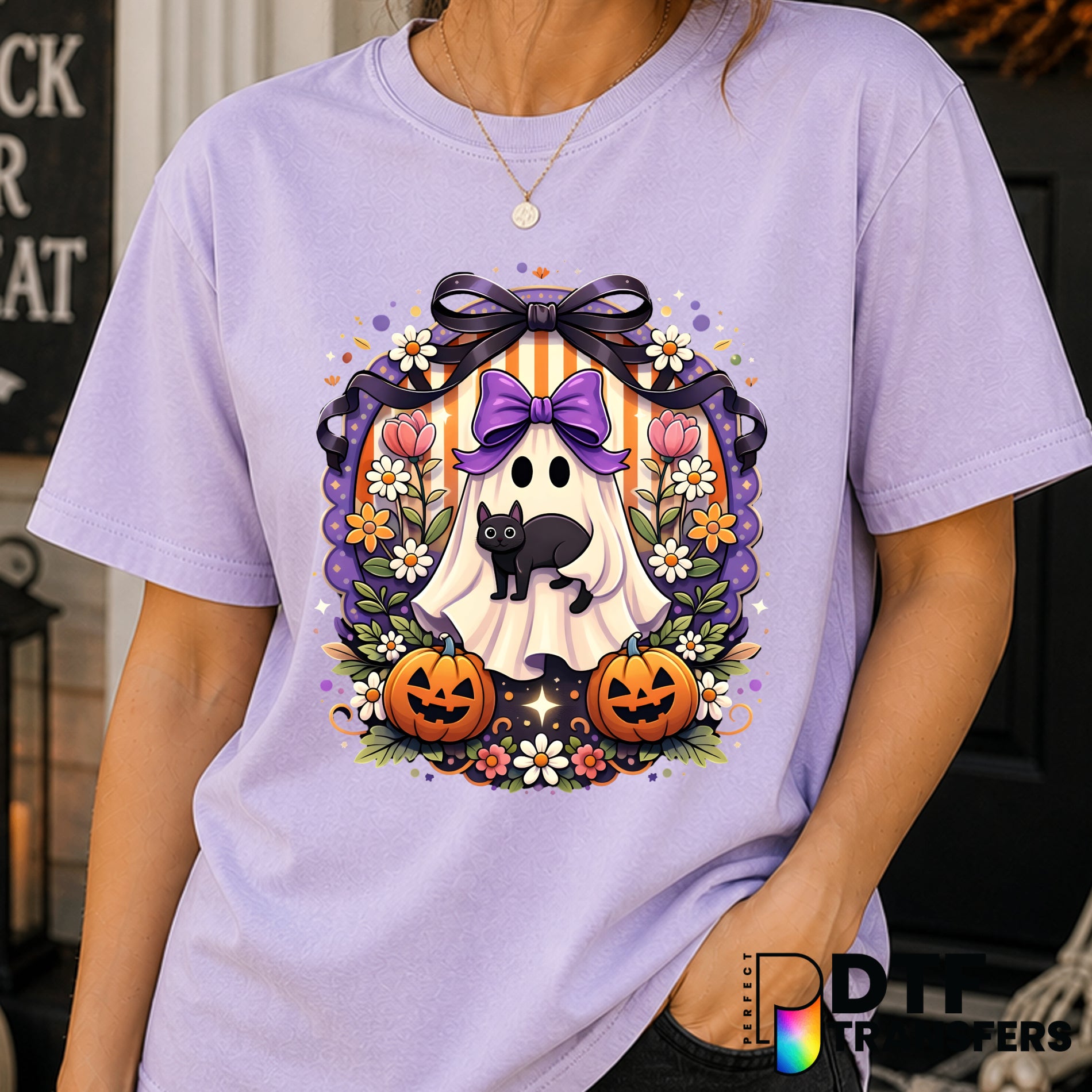 Coquette Ghost and Cat – Halloween DTF Transfer