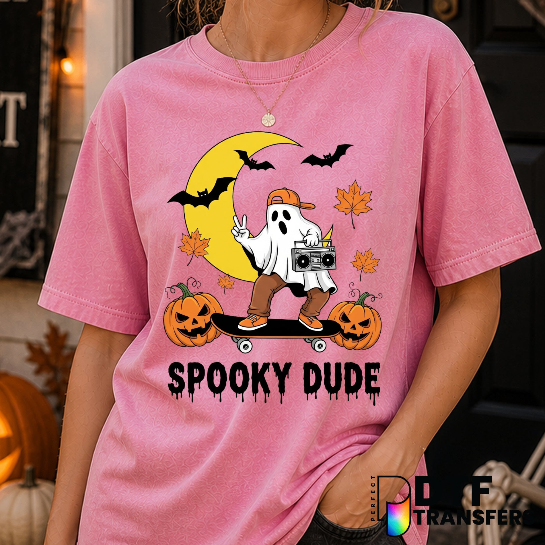 Skateboarding Ghost with Pumpkin – Halloween DTF Transfer