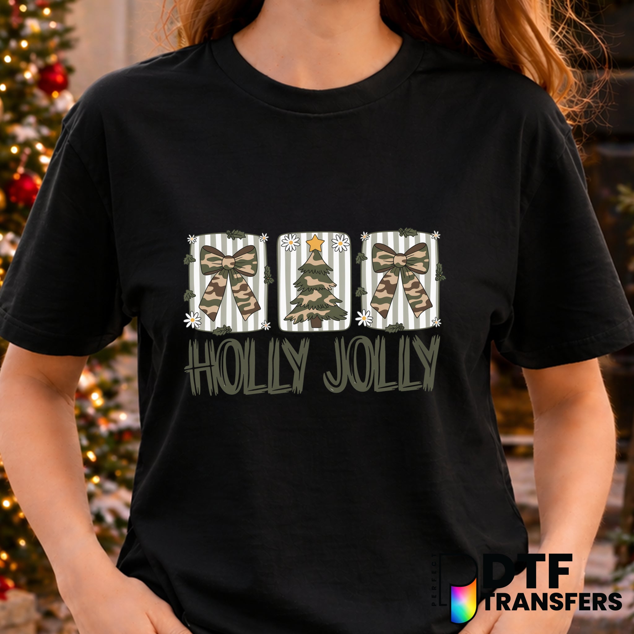 Holly Jolly Retro Camo Christmas Coquette Bows – Christmas DTF Transfer