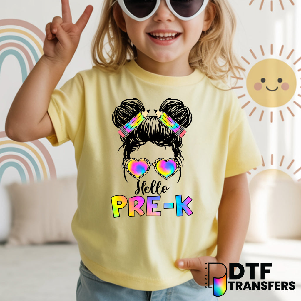 Hello Pre-K Messy Bun Tie-Dye – Pre-K Teacher DTF Transfer