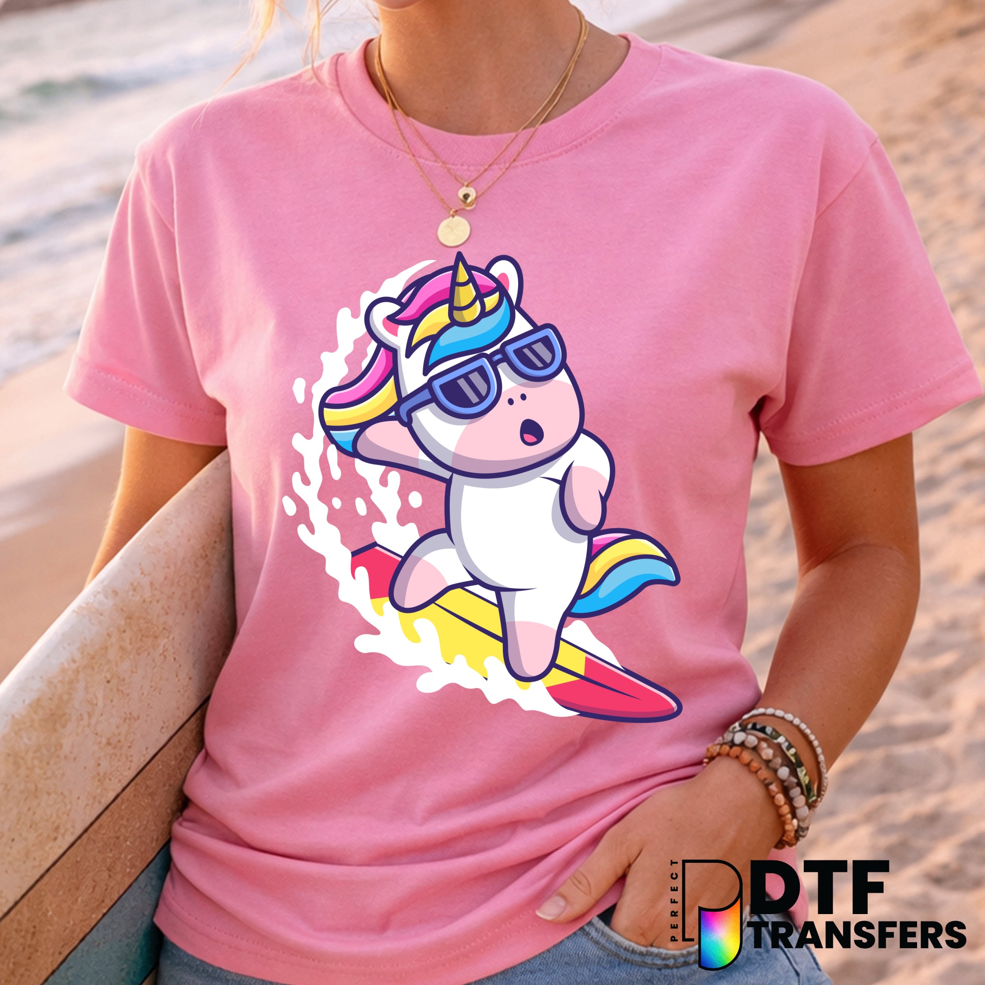 Rainbow Unicorn Surfing – Surfing DTF Transfer