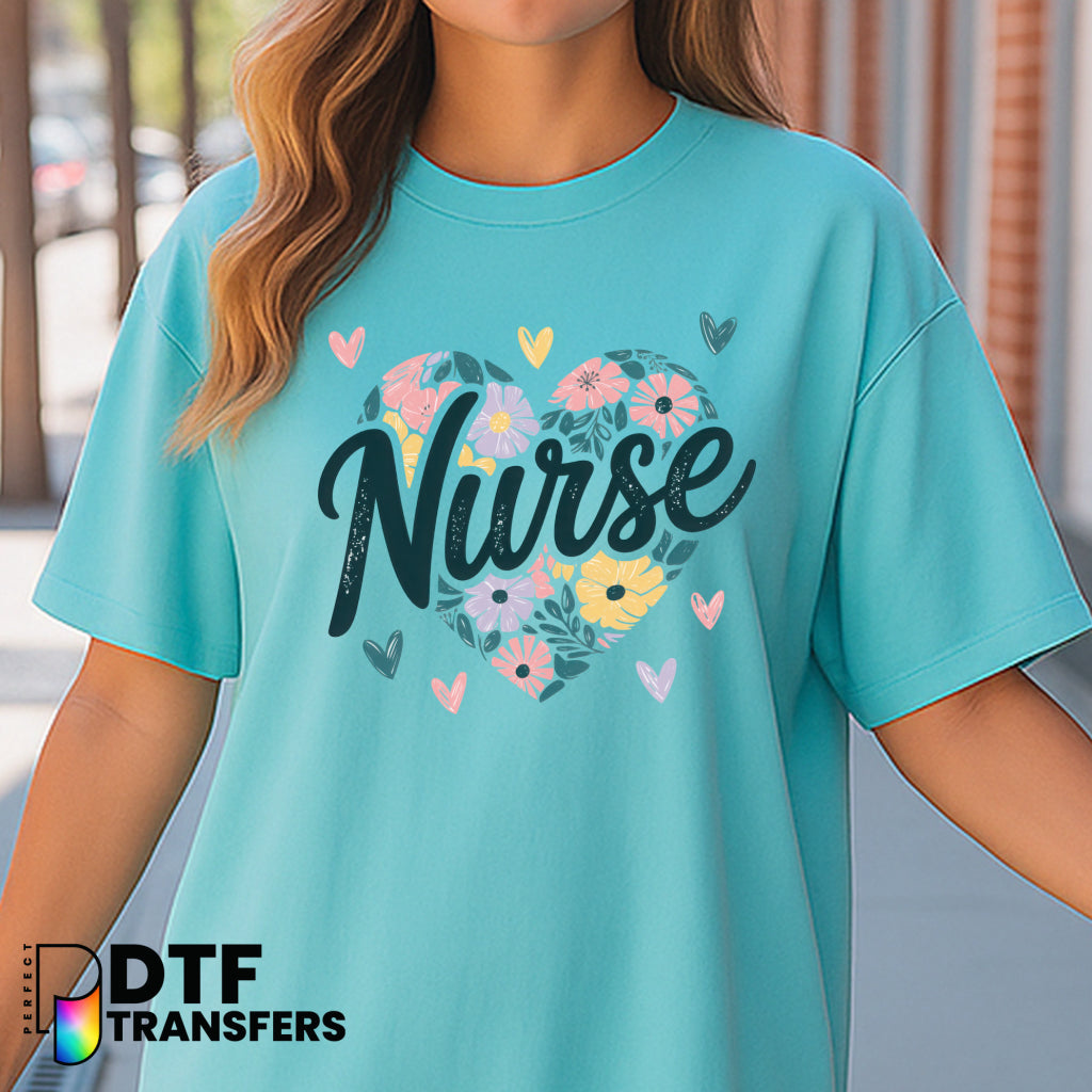 School Nurse Retro Floral Heart Script – School Nurse DTF Transfer