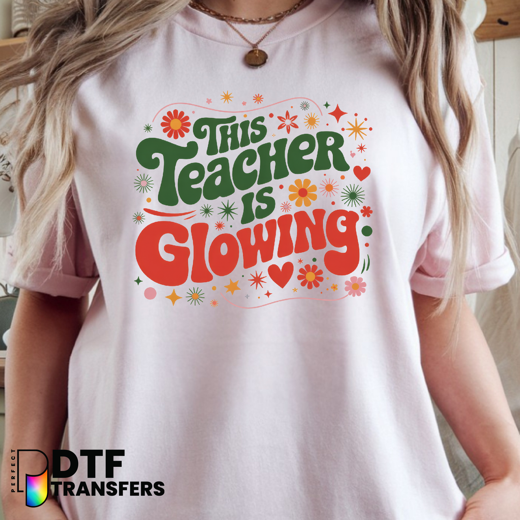 This Teacher Is Glowing – Teacher DTF Transfer with Sun and Floral Motif