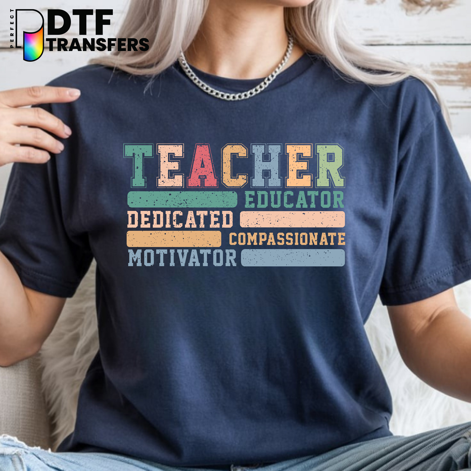 Teacher, Educator, Dedicated, Compassionate, Motivator - Teacher School Supplies Badge DTF Transfer
