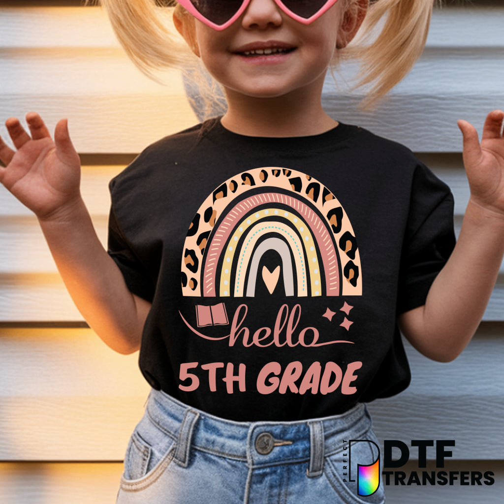 HELLO FIFTH GRADE – Pink Leopard Rainbow Teacher DTF Transfer