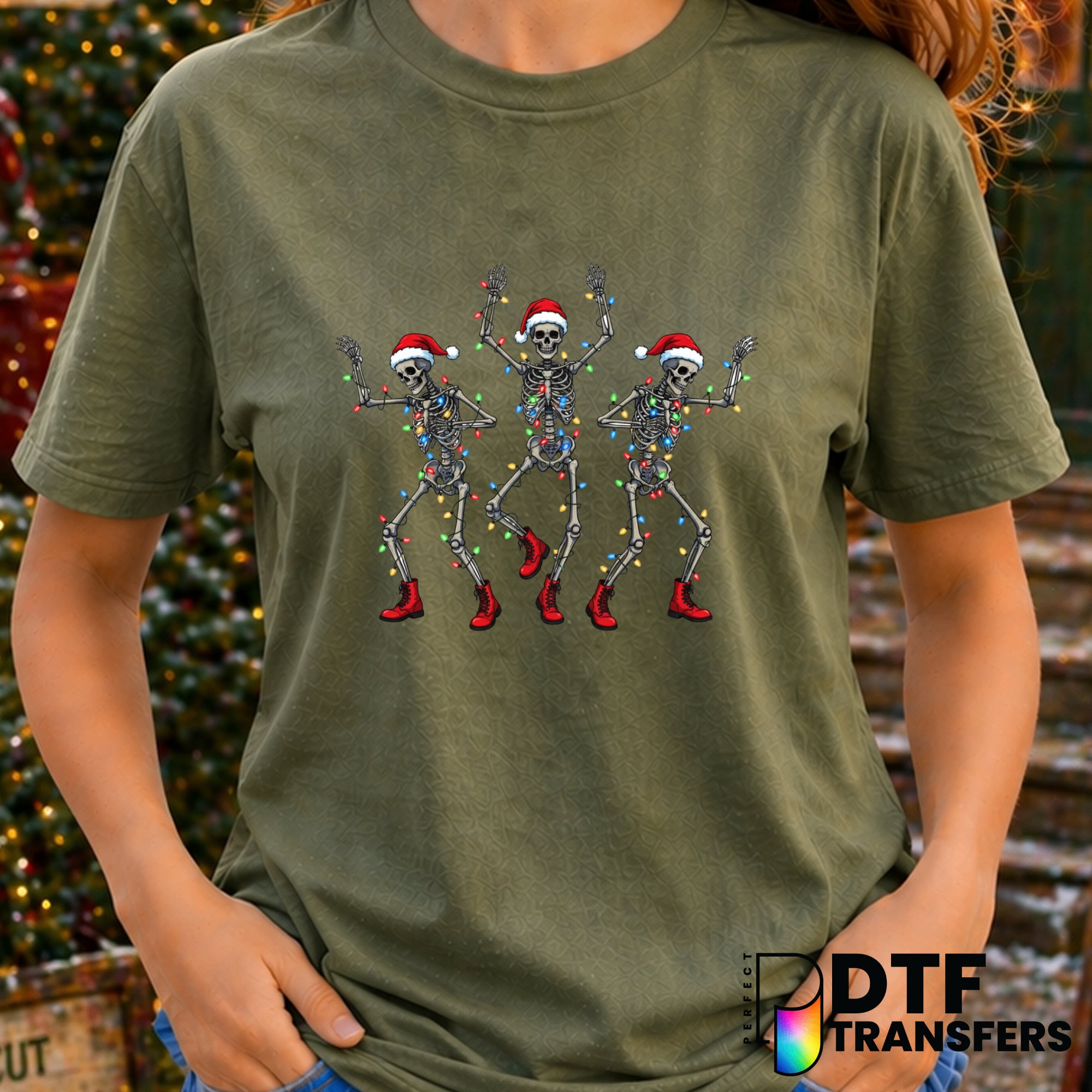 Dancing Skeletons Santa Hat Lights – Christmas DTF Transfer