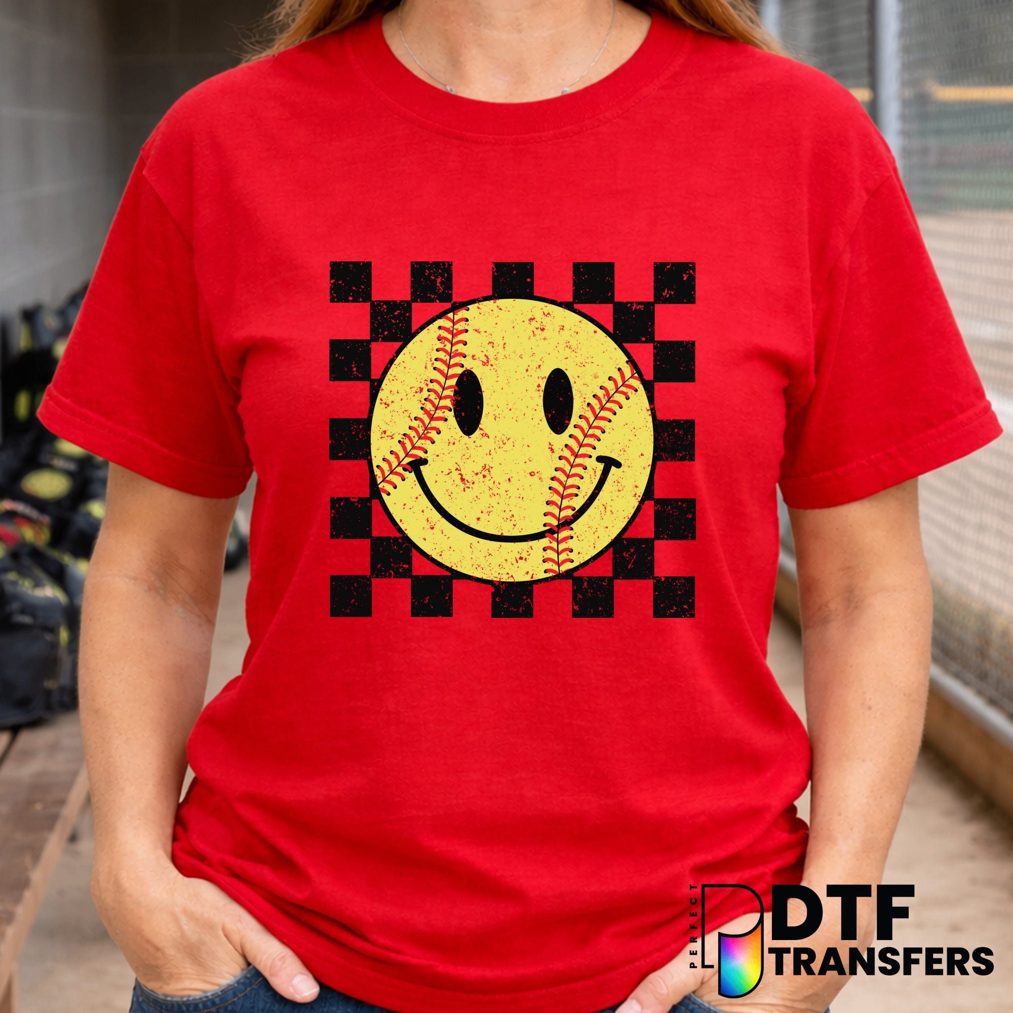 Retro Grunge Checkered Softball Smiley Face – DTF Transfer