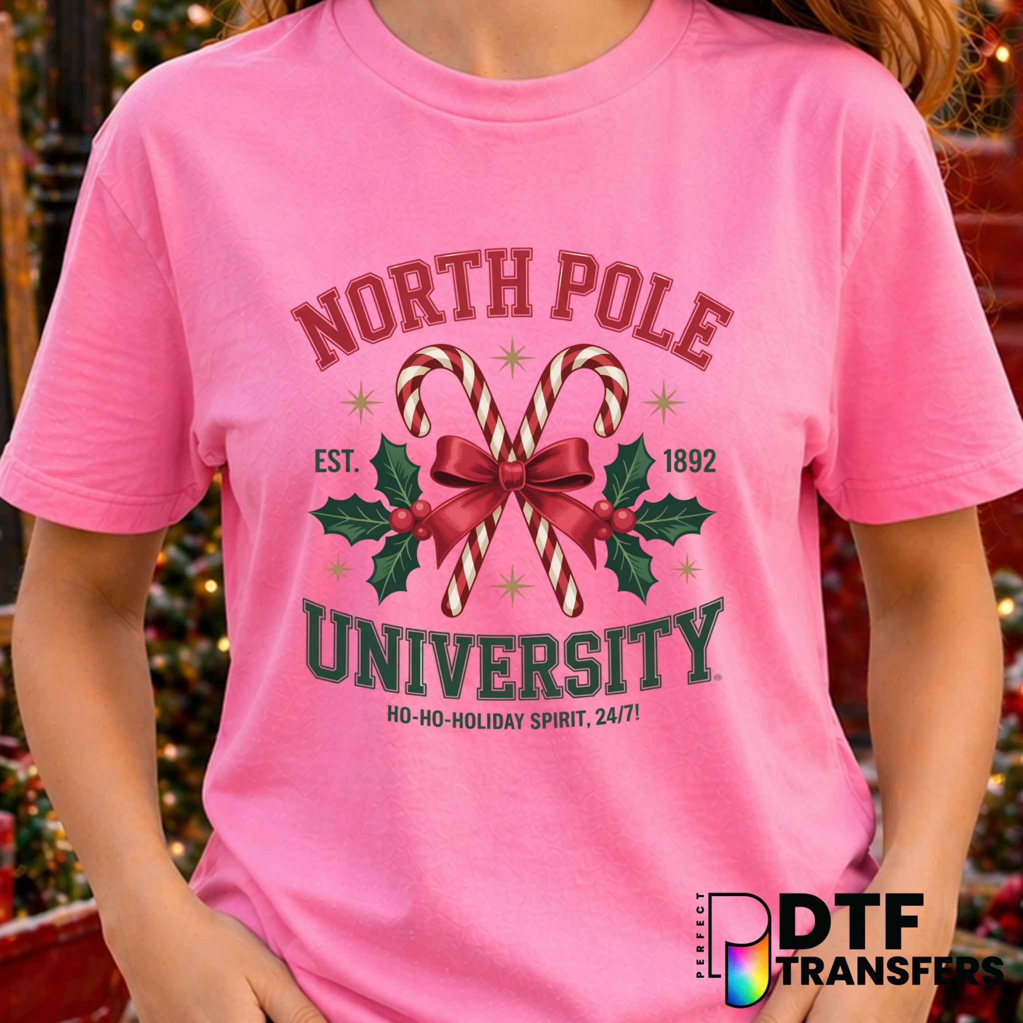 North Pole University Retro Laurel Candy Cane Crossed – Christmas DTF Transfer