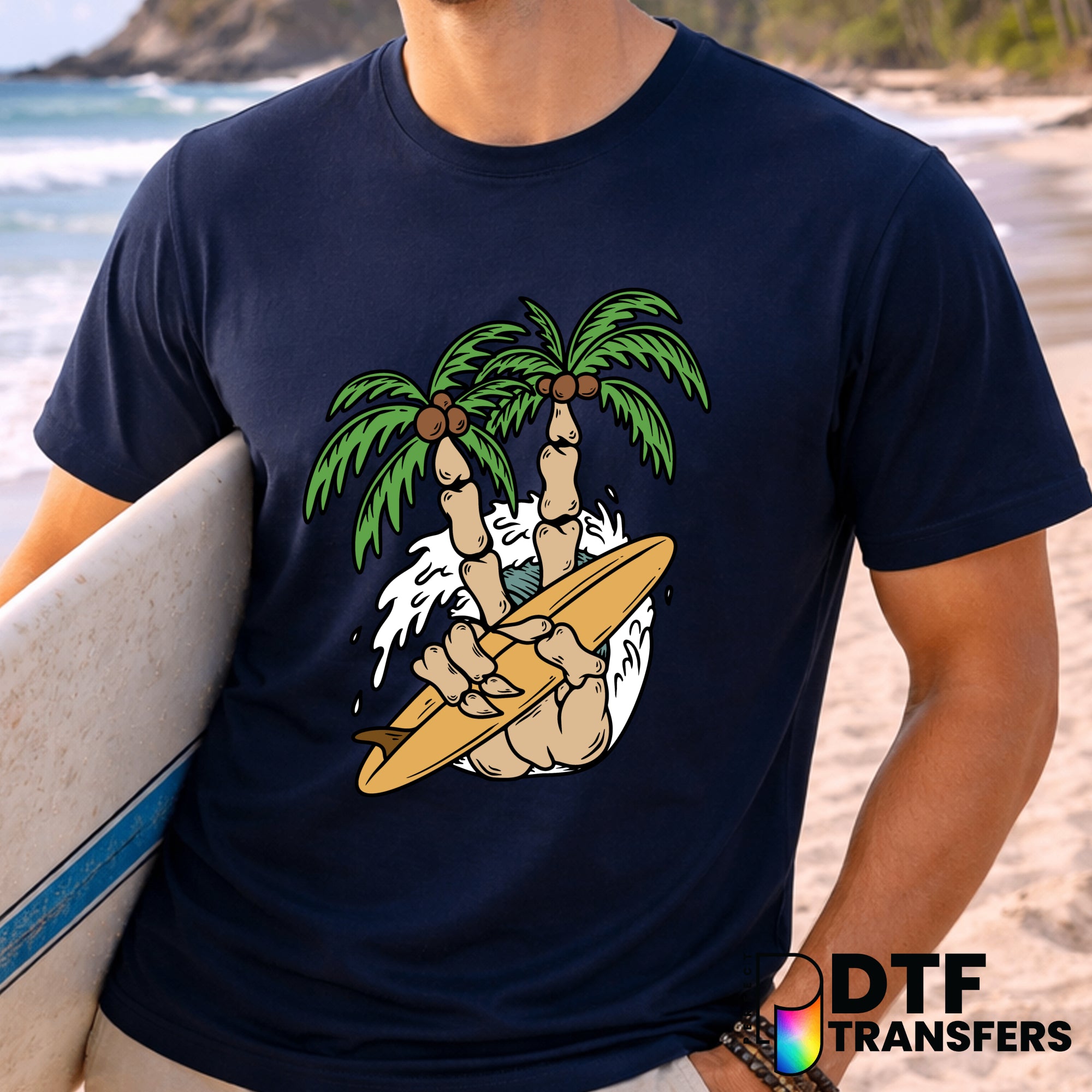 Peace Sign Skeleton Palm Trees Wave Sunset – Surfing DTF Transfer