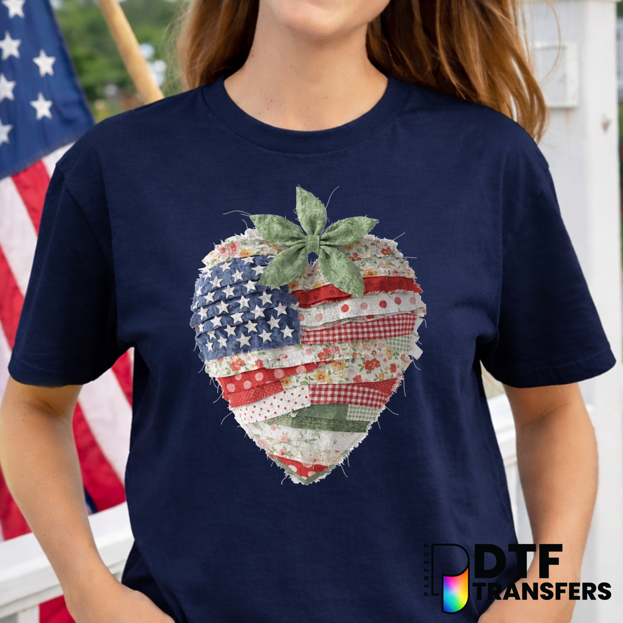 Faux Patchwork Strawberry – Fourth of July DTF Transfer