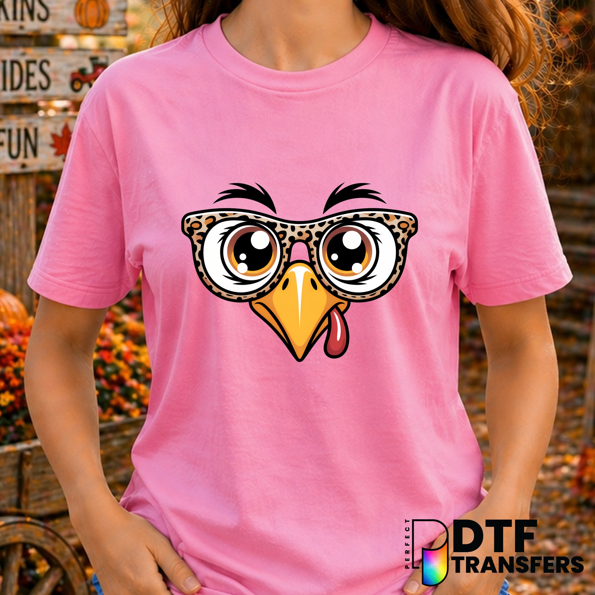 Cute Turkey Face with Leopard Glasses – Thanksgiving DTF Transfer