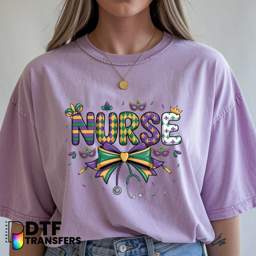 Mardi Gras Stethoscope with Bow – School Nurse DTF Transfer