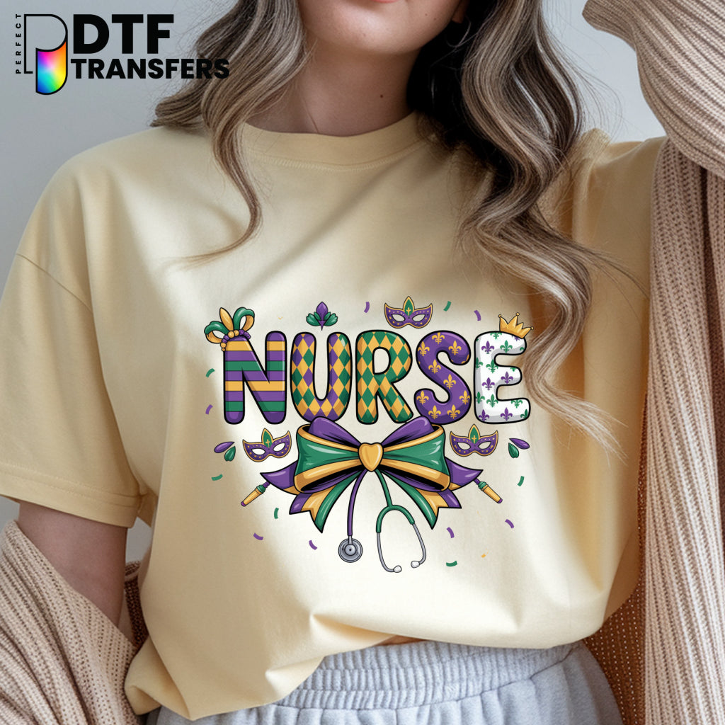 Mardi Gras Stethoscope with Bow – School Nurse DTF Transfer