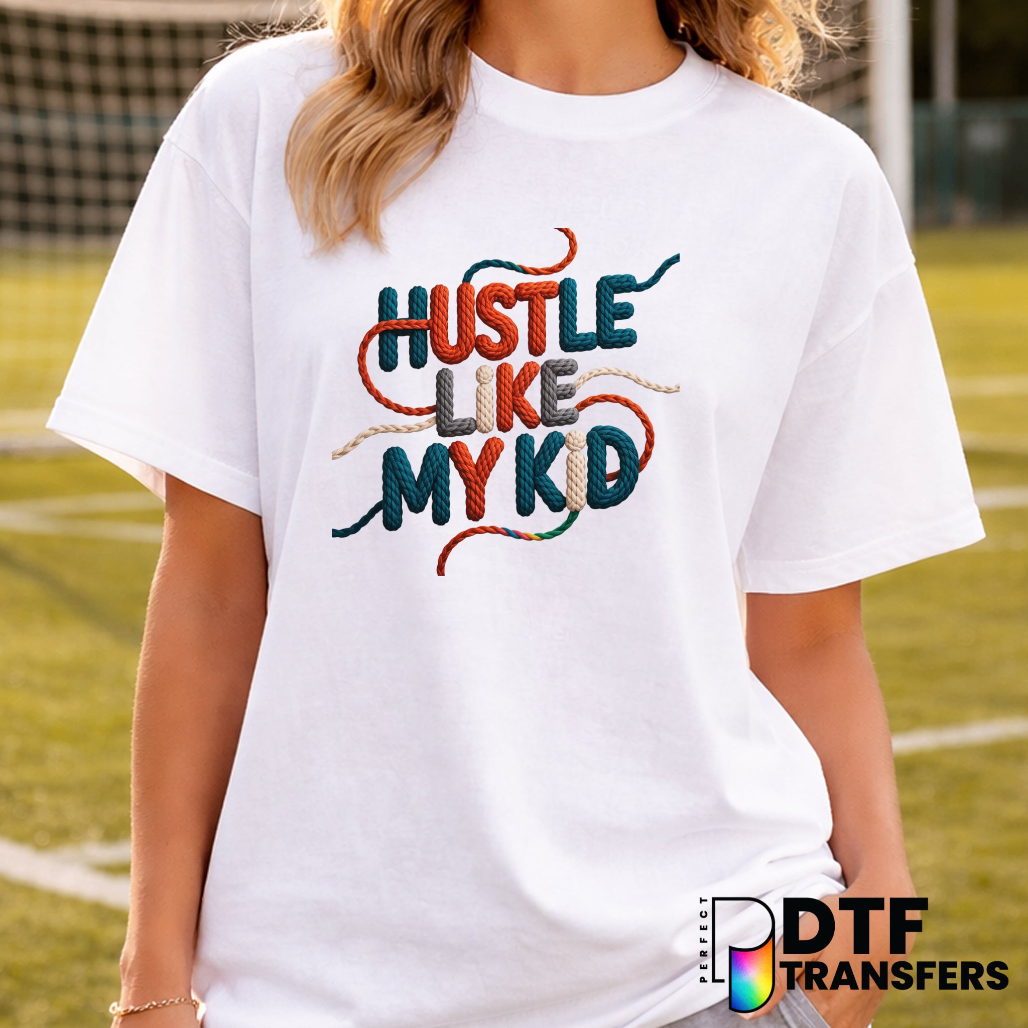 Hustle Like My Kid Soccer Faux Yarn – Soccer DTF Transfer