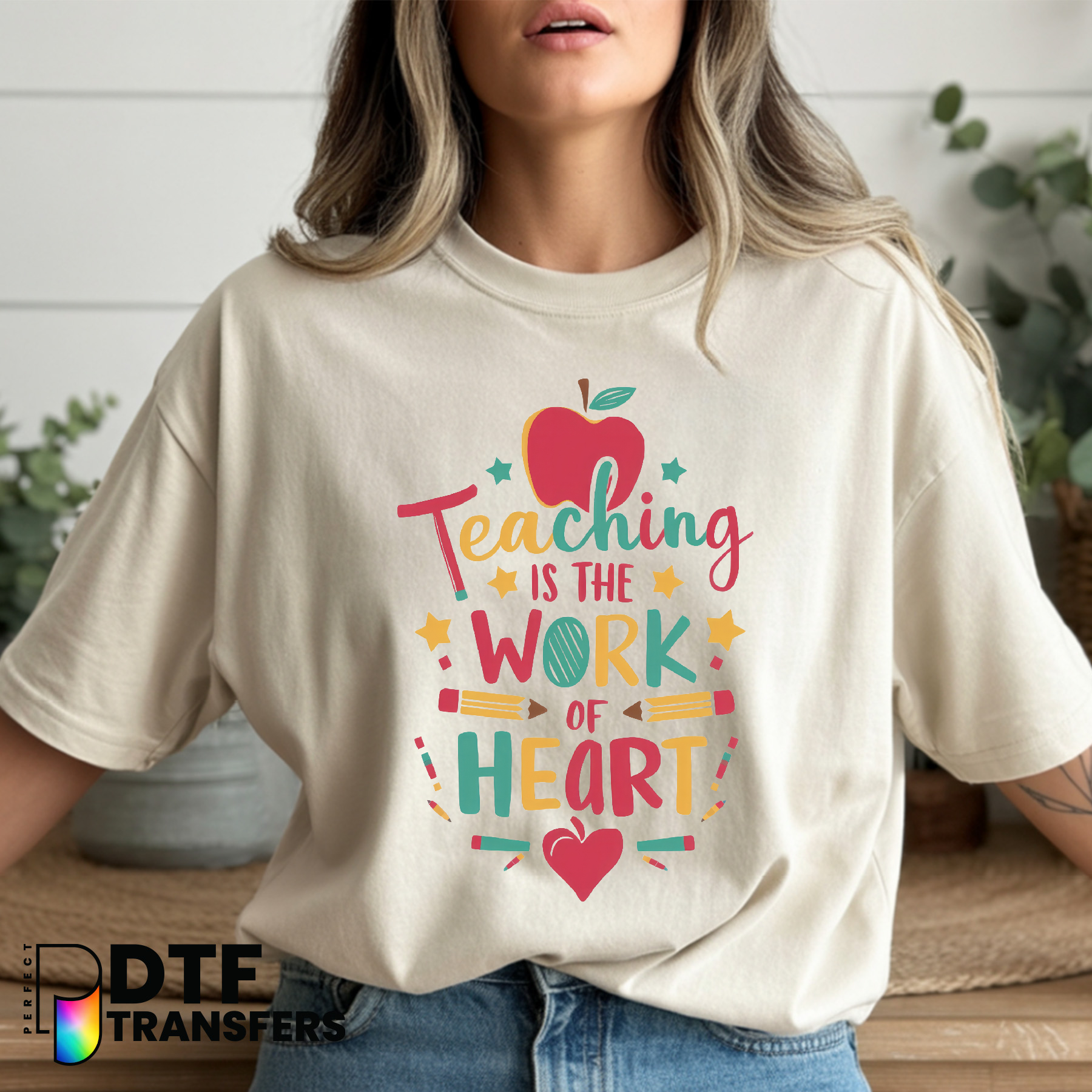 Teaching Is The Work of Heart – Red Apple Teacher DTF Transfer