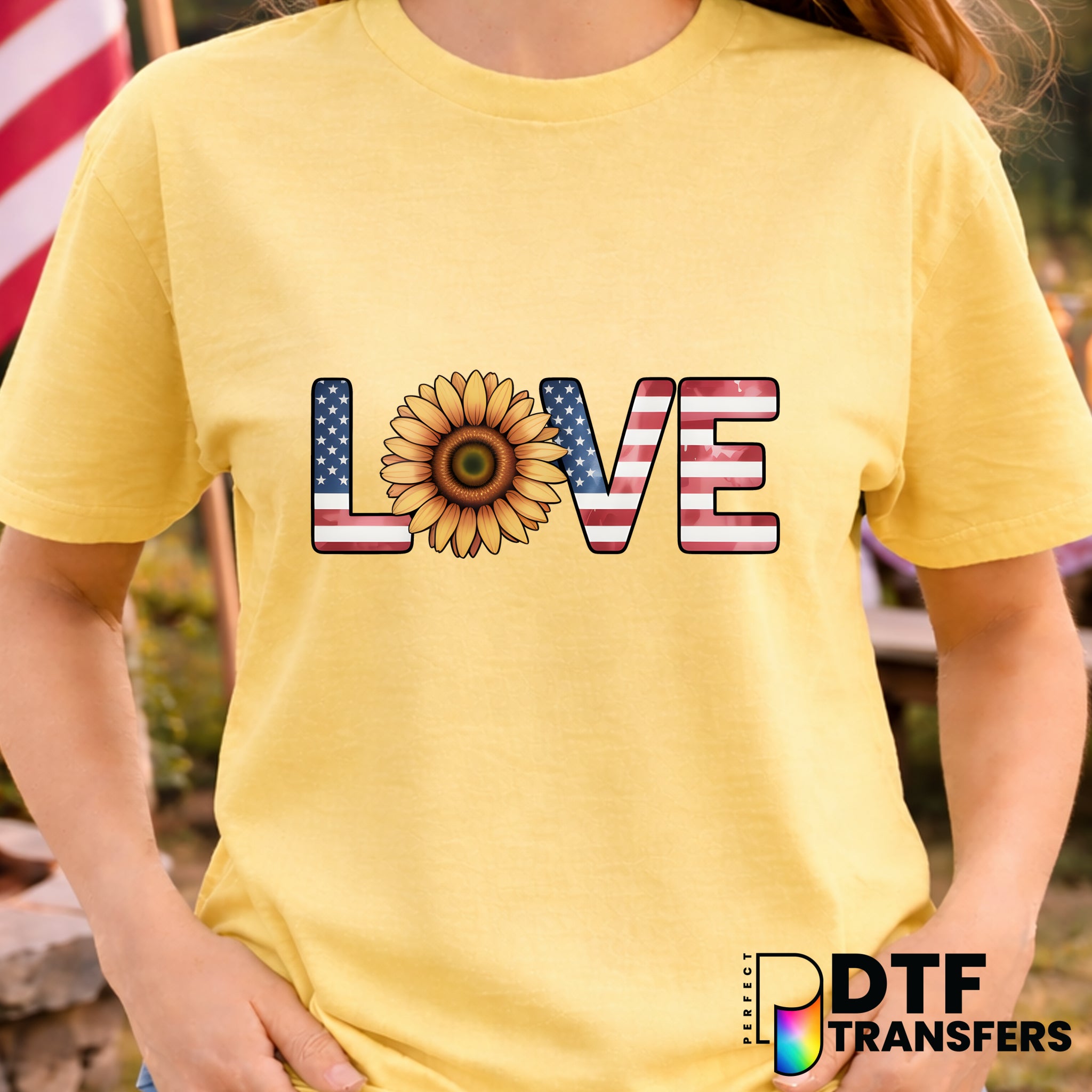 LOVE Sunflower American Flag – Fourth of July DTF Transfer