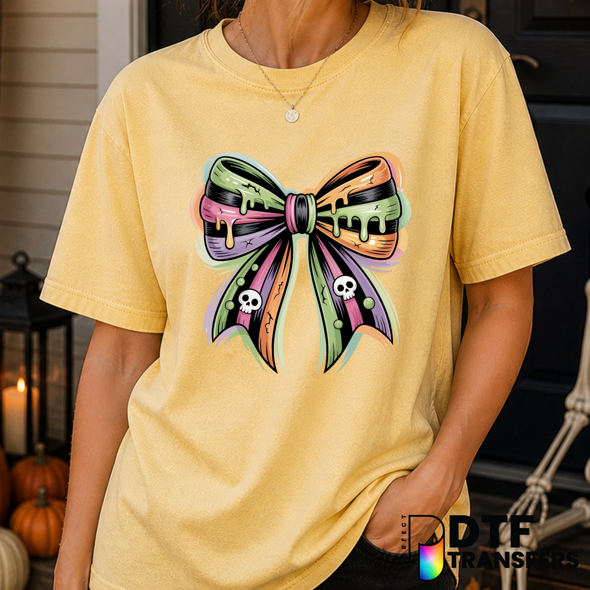 Coquette Colorful Striped Bow Skulls & Pumpkins – Halloween DTF Transfer