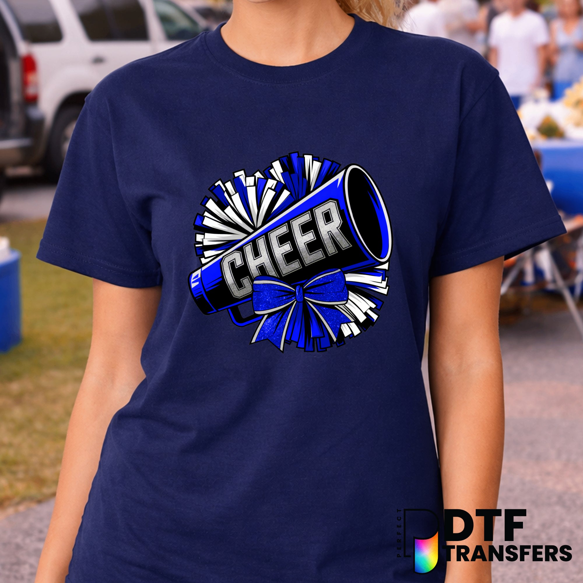 Blue Cheer Glitter Coquette Pom Pom and Megaphone – Cheerleading DTF Transfer